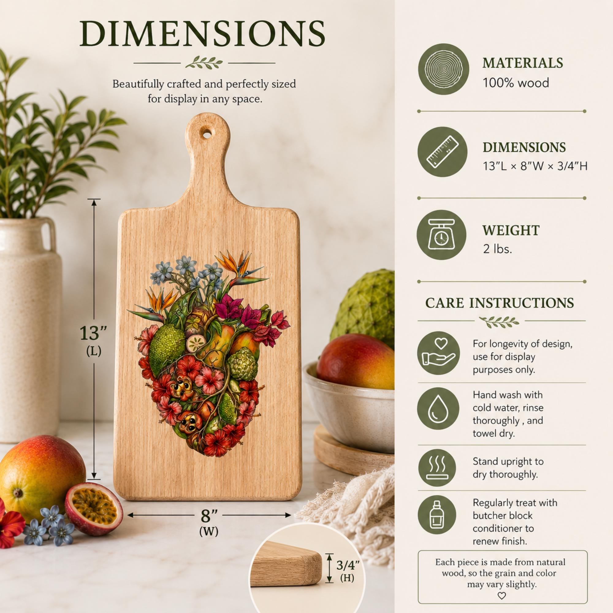 Cutting Board, Anatomical Heart Design, Tropical Botanical Artwork, Housewarming Gift, Display Decor, view 2