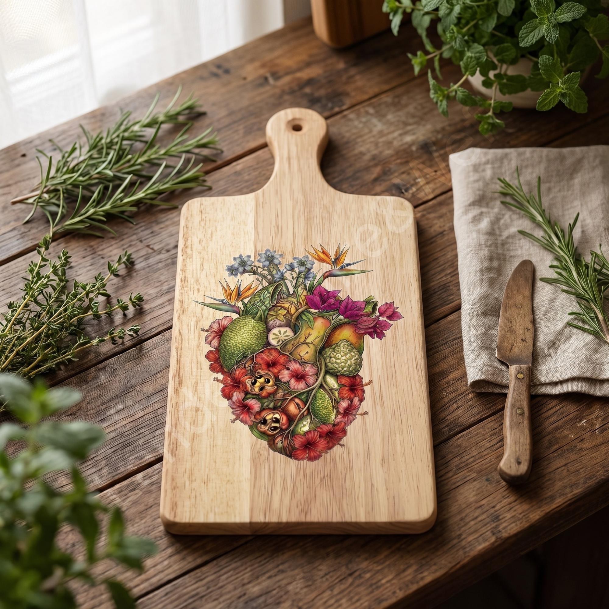 Cutting Board, Anatomical Heart Design, Tropical Botanical Artwork, Housewarming Gift, Display Decor, view 3