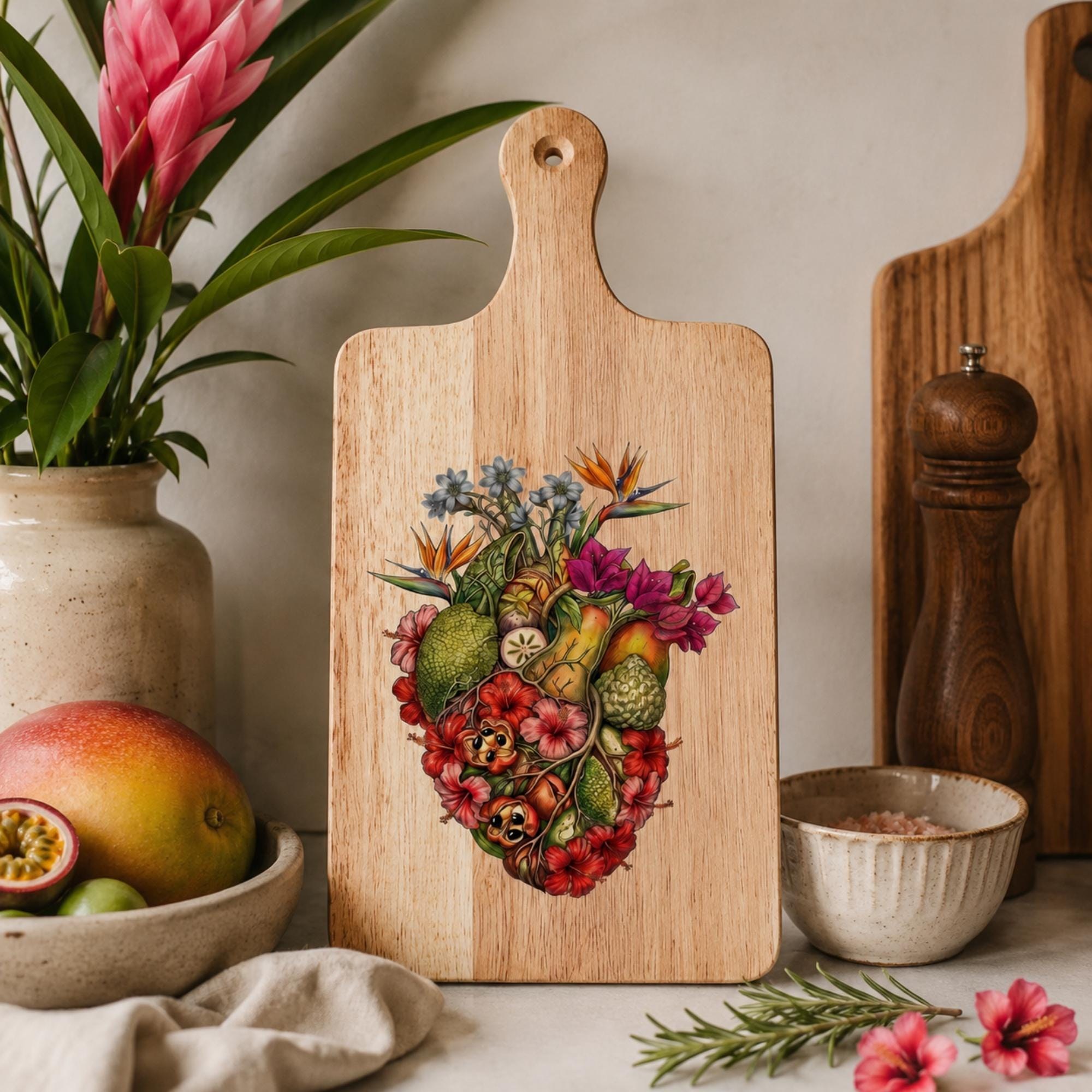 Cutting Board, Anatomical Heart Design, Tropical Botanical Artwork, Housewarming Gift, Display Decor, view 5