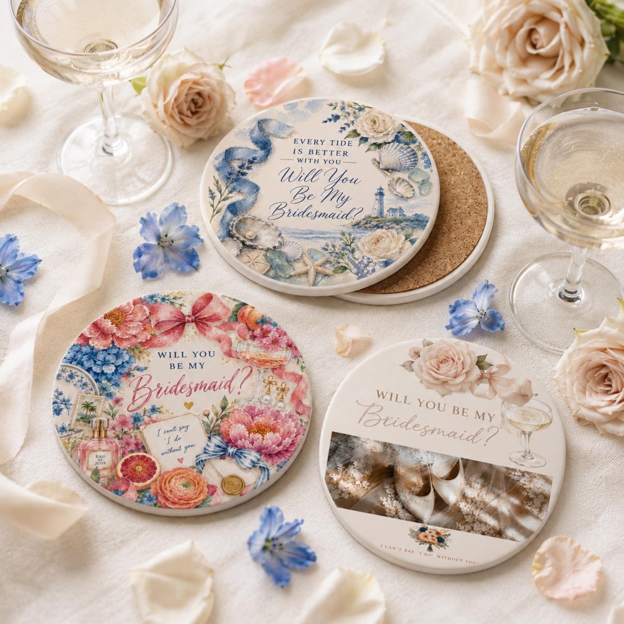 Bridesmaid Proposal Coaster Set of Two, Ceramic Stone, Customizable, Cork Backing, Three Designs