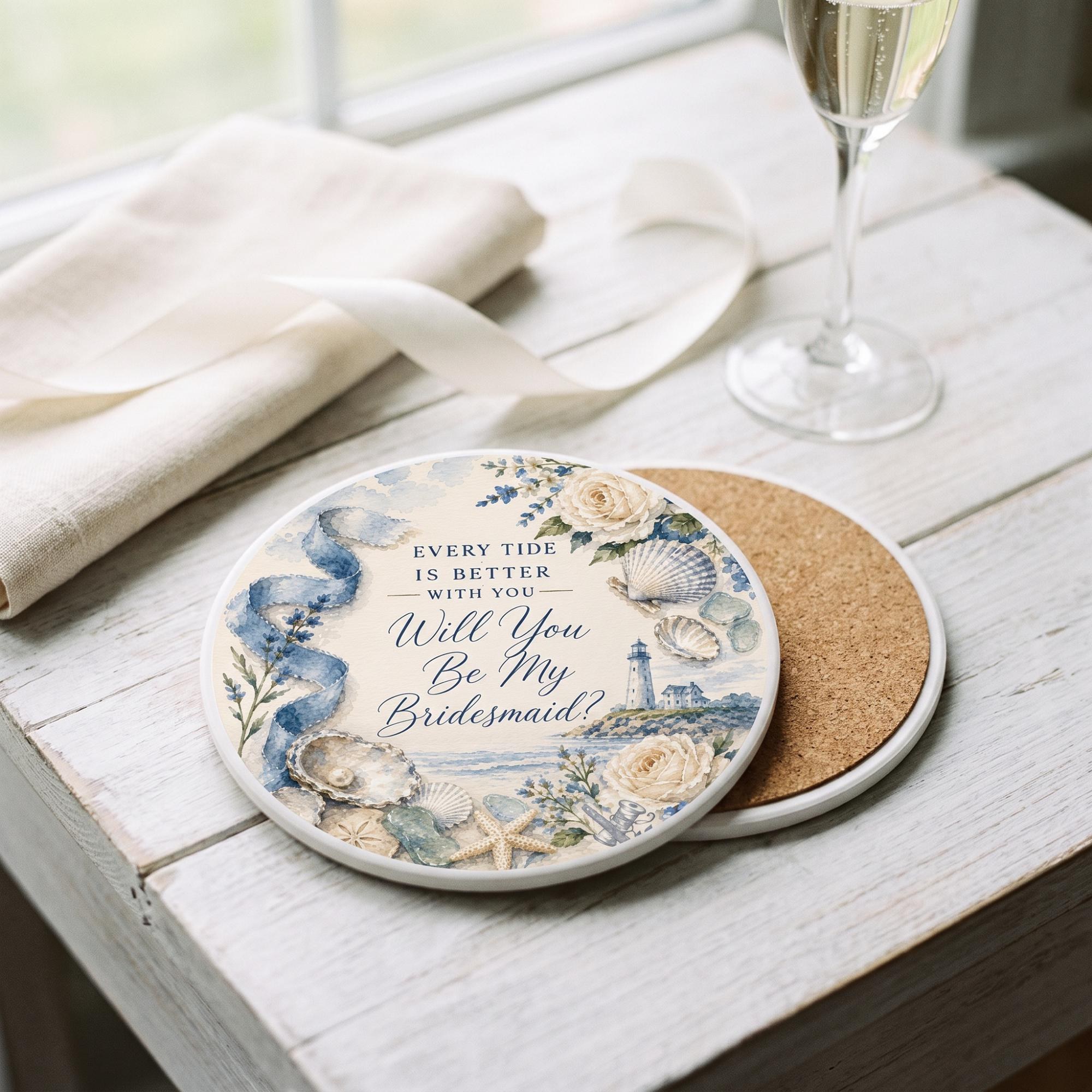 Bridesmaid Proposal Coaster Set of Two, Ceramic Stone, Customizable, Cork Backing, Three Designs, view 2