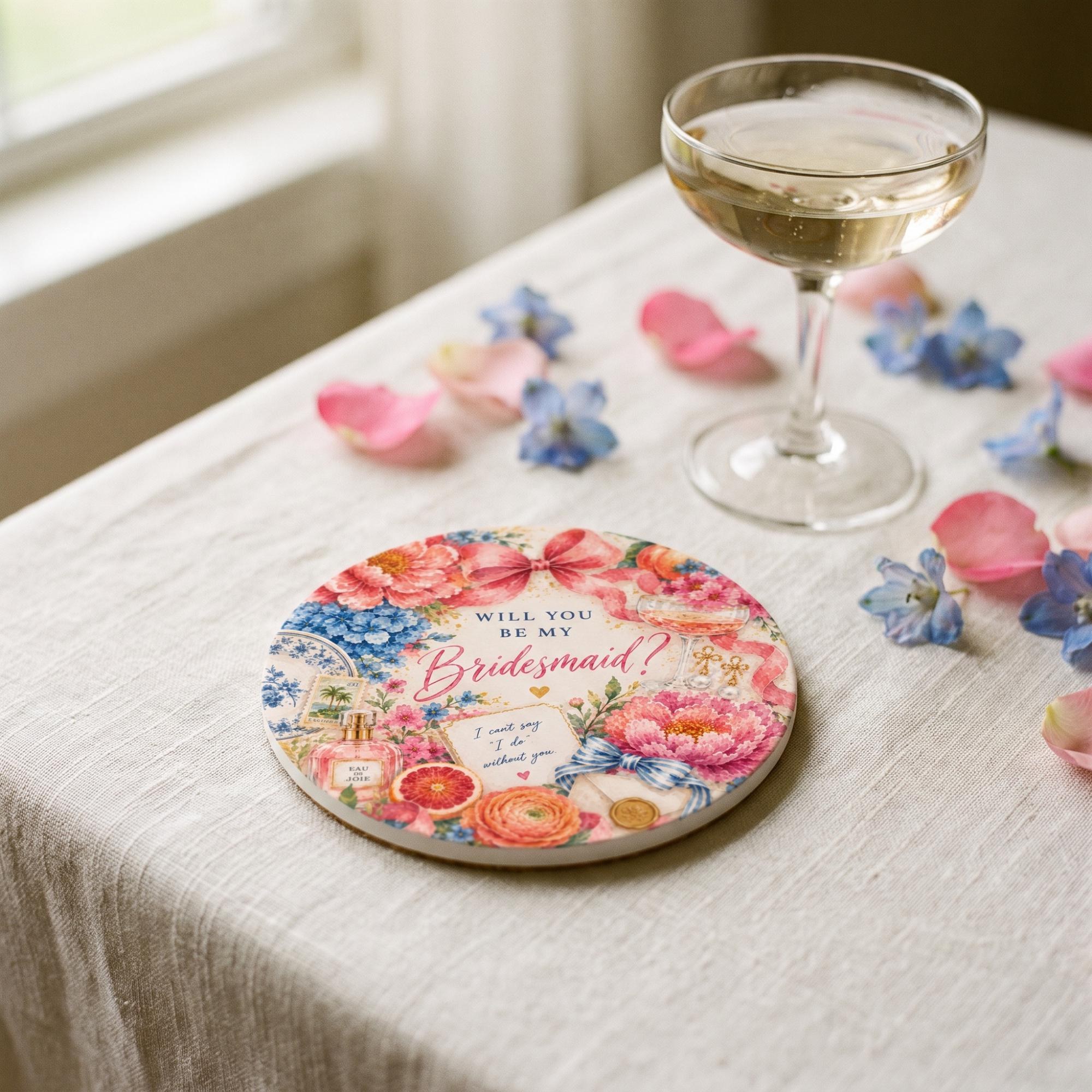 Bridesmaid Proposal Coaster Set of Two, Ceramic Stone, Customizable, Cork Backing, Three Designs, view 4