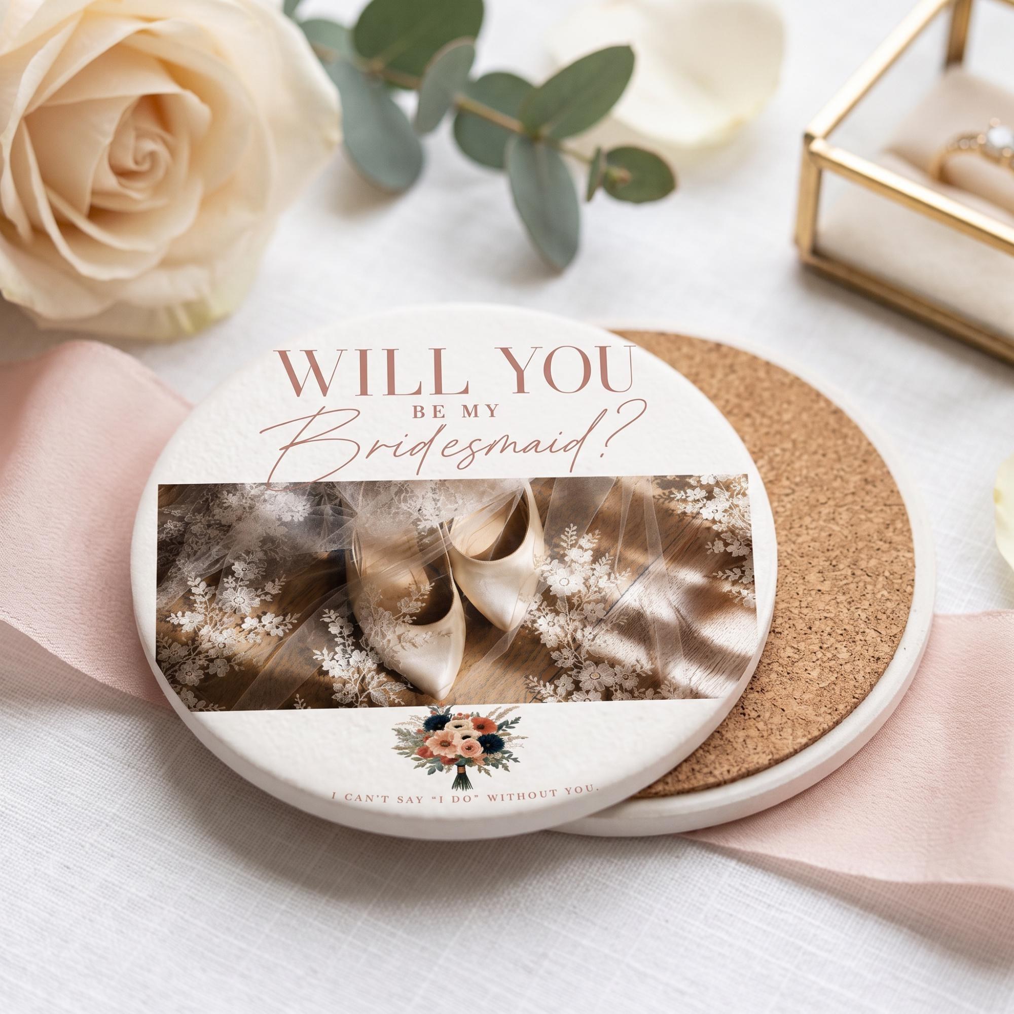 Bridesmaid Proposal Coaster Set of Two, Ceramic Stone, Customizable, Cork Backing, Three Designs, view 5