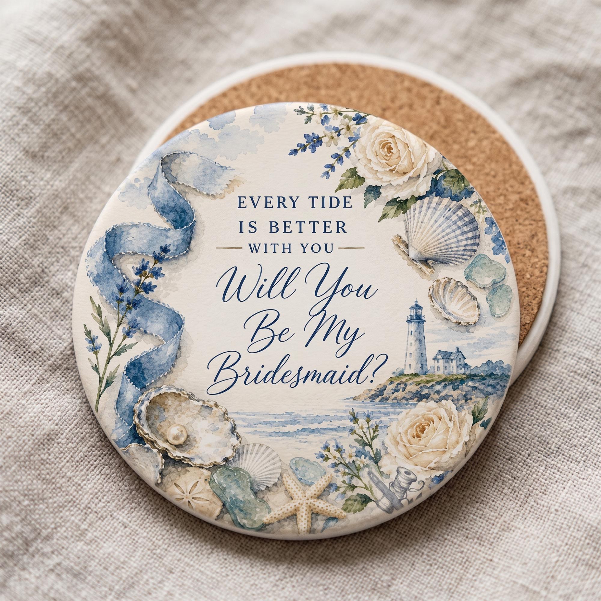 Bridesmaid Proposal Coaster Set of Two, Ceramic Stone, Customizable, Cork Backing, Three Designs, view 6