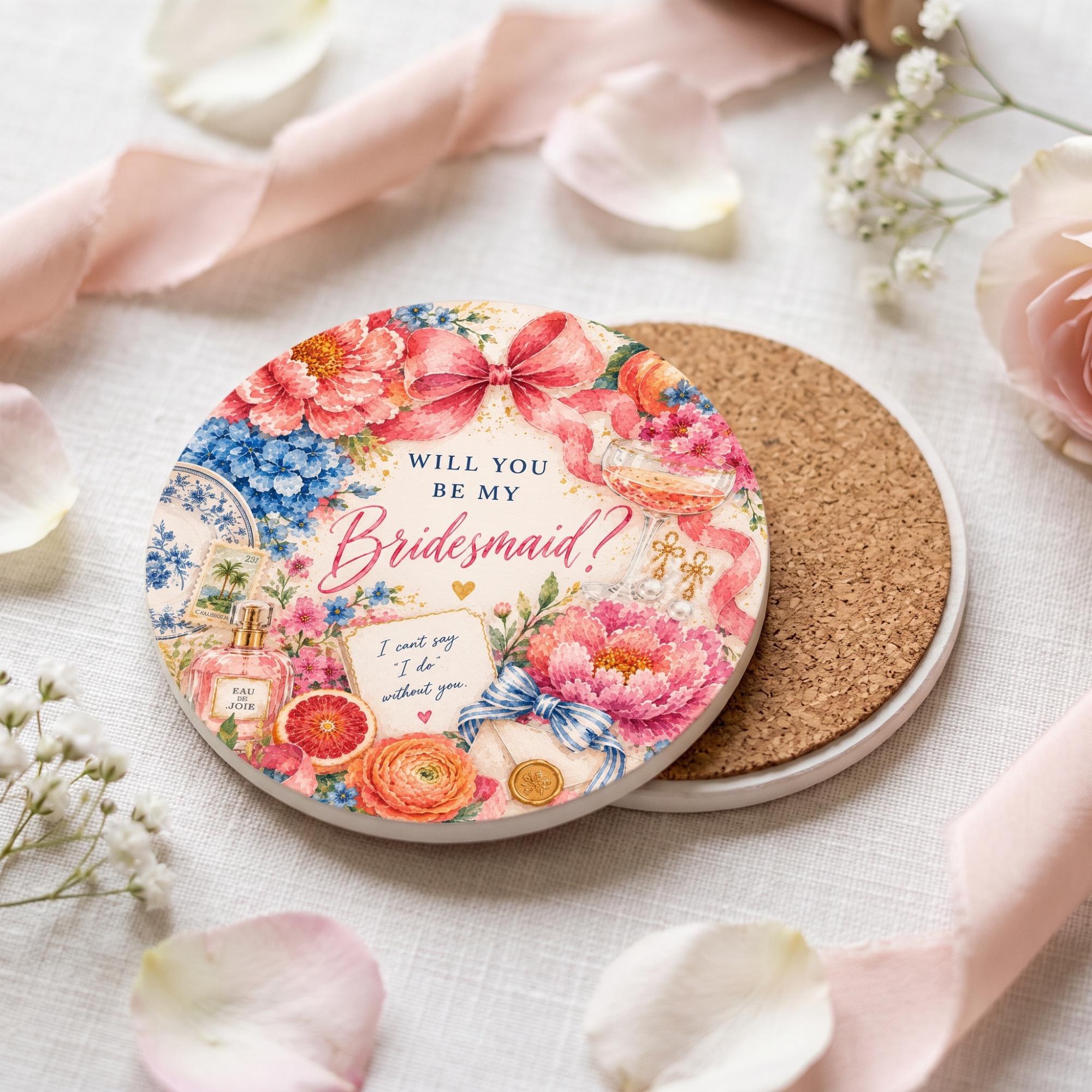 Bridesmaid Proposal Coaster Set of Two, Ceramic Stone, Customizable, Cork Backing, Three Designs, view 7