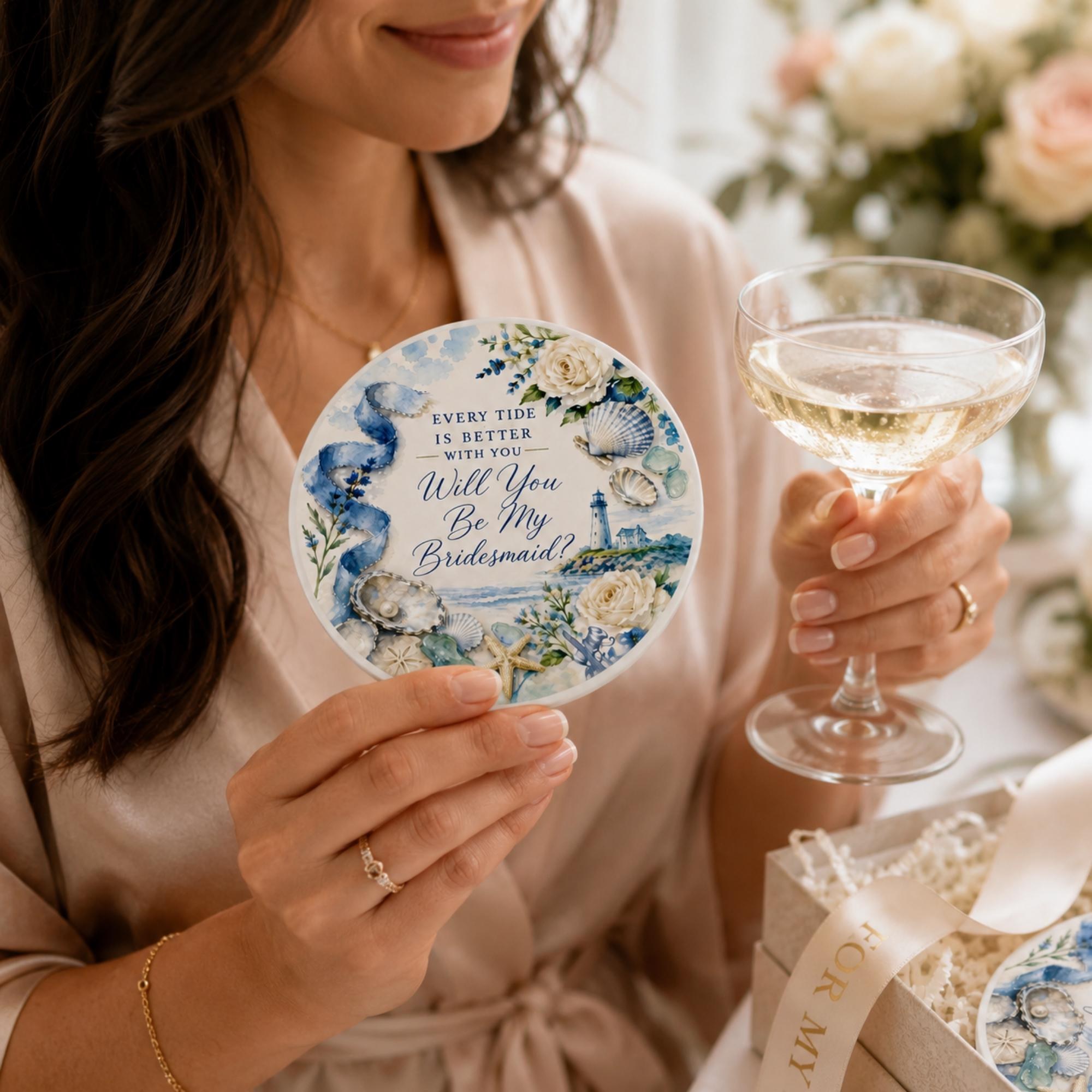 Bridesmaid Proposal Coaster Set of Two, Ceramic Stone, Customizable, Cork Backing, Three Designs, view 10