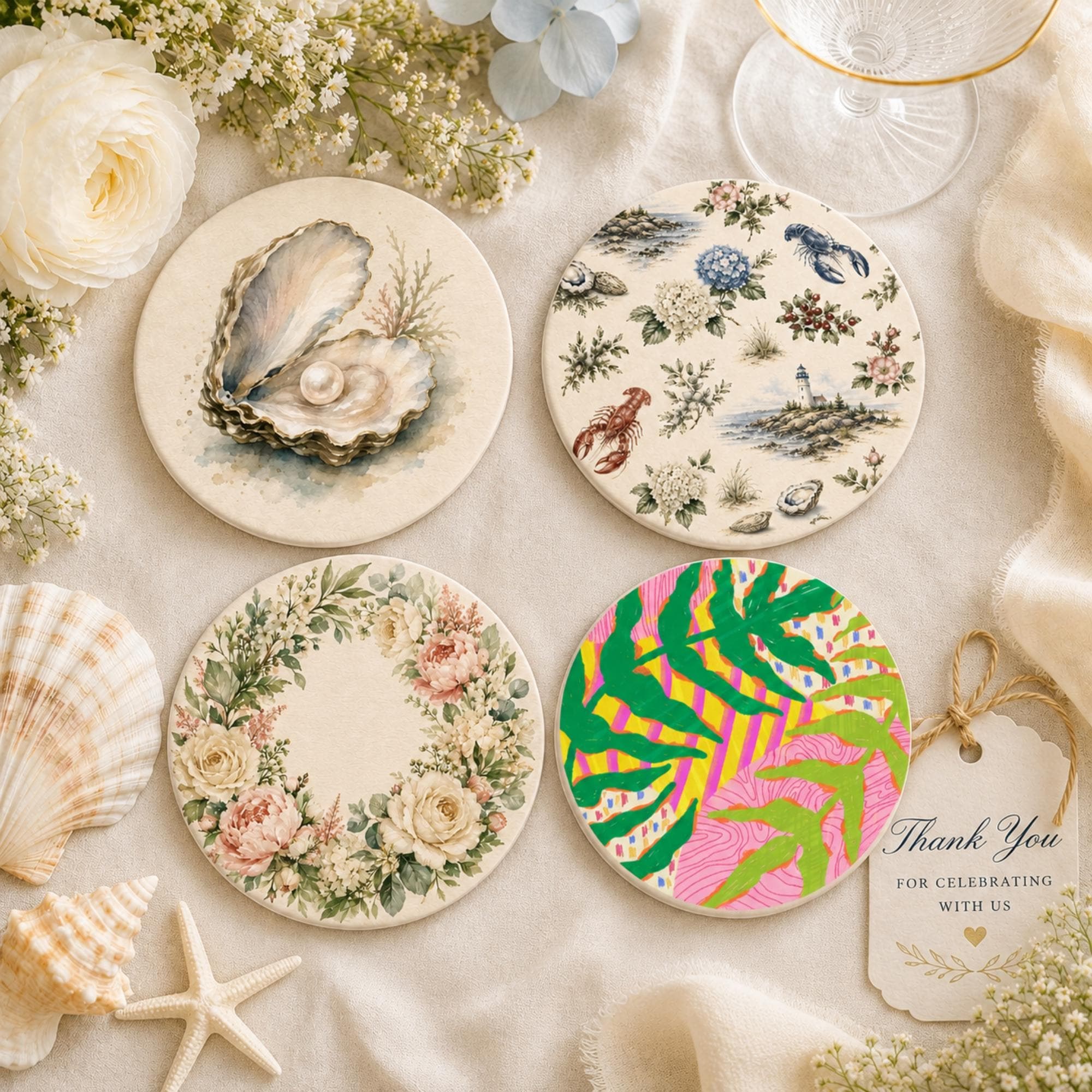 Coasters | Ceramic Stone Coasters | Summer Design | Wedding or Party Favor Gift | Set of 4–16