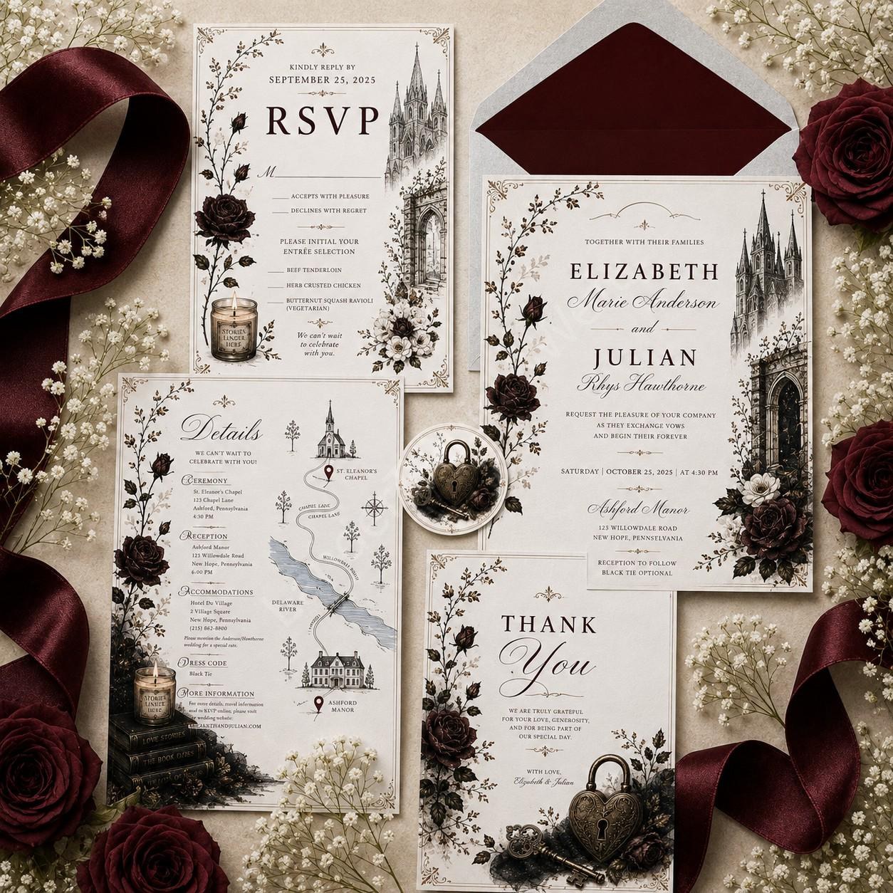Vintage Gothic Wedding Invitation Suite | Semi-Custom Wedding Invitations| Wax Seal | Vellum Paper Optional