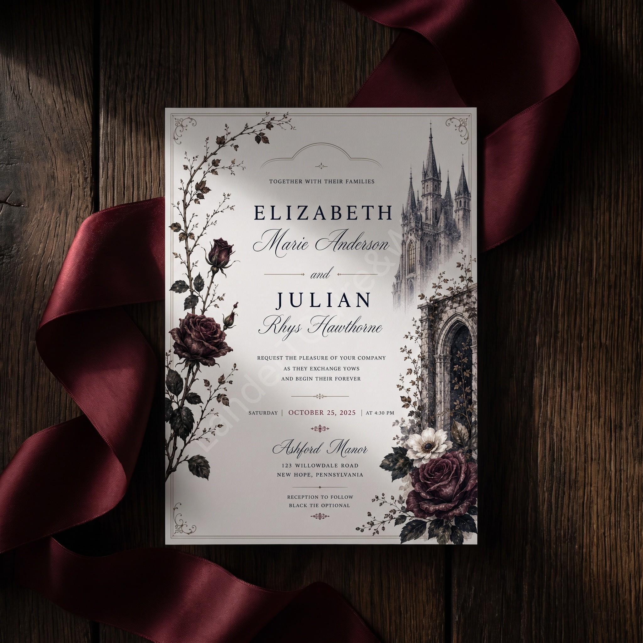 Vintage Gothic Wedding Invitation Suite | Semi-Custom Wedding Invitations| Wax Seal | Vellum Paper Optional, view 2