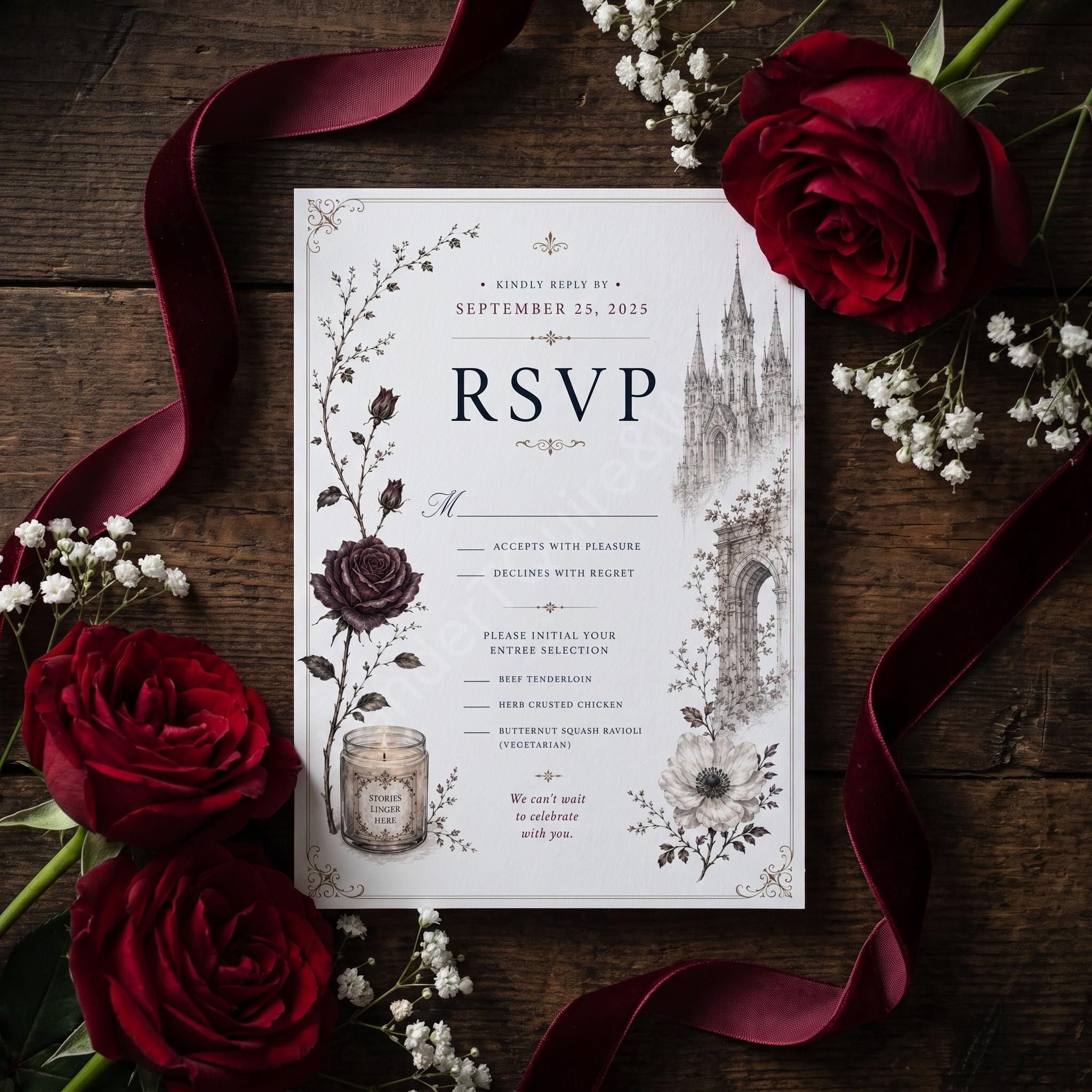 Vintage Gothic Wedding Invitation Suite | Semi-Custom Wedding Invitations| Wax Seal | Vellum Paper Optional, view 3