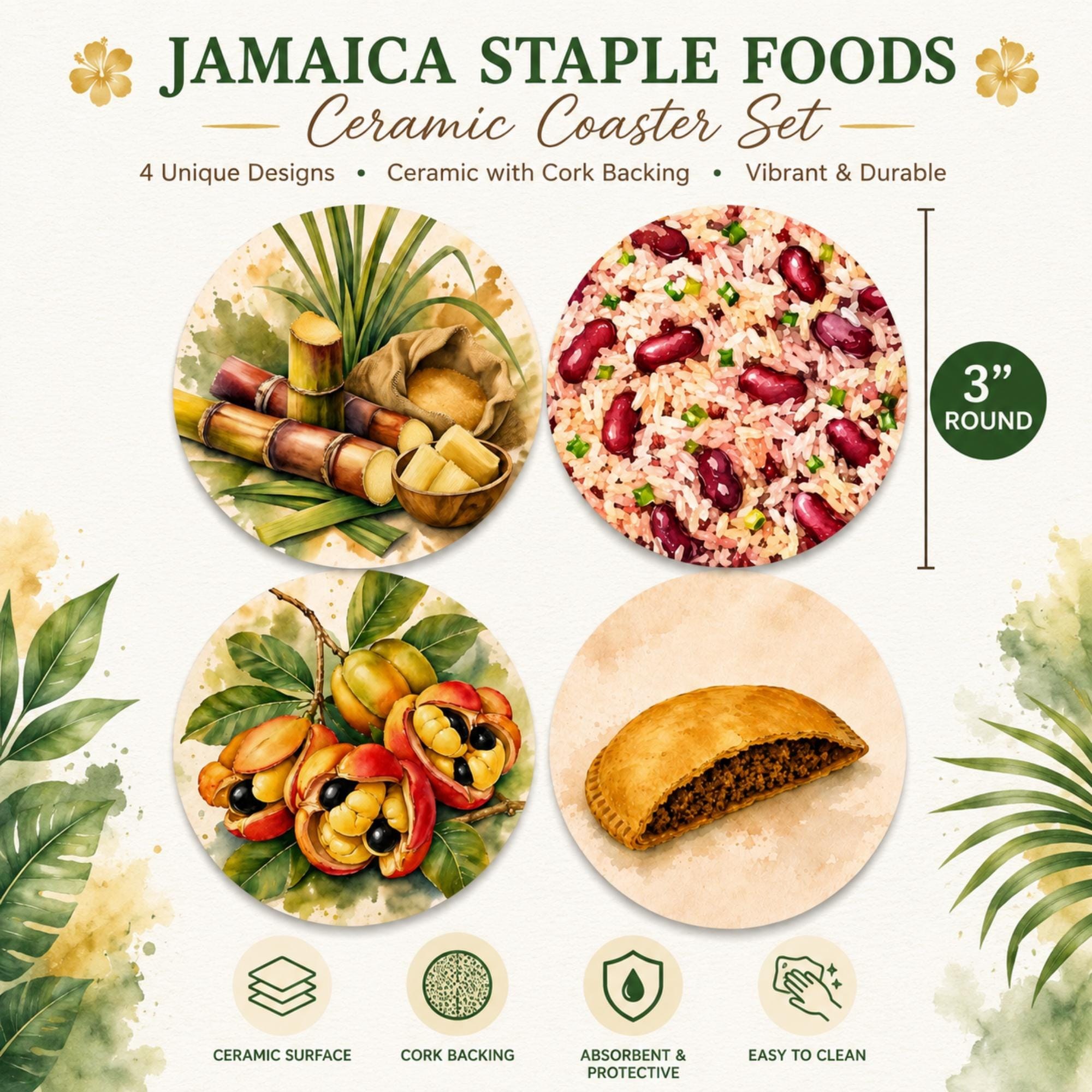 Ceramic Coaster Set | Ackee, Beef Patty, Rice & Peas + Sugar Cane | Jamaican Kitchen | Caribbean Gift