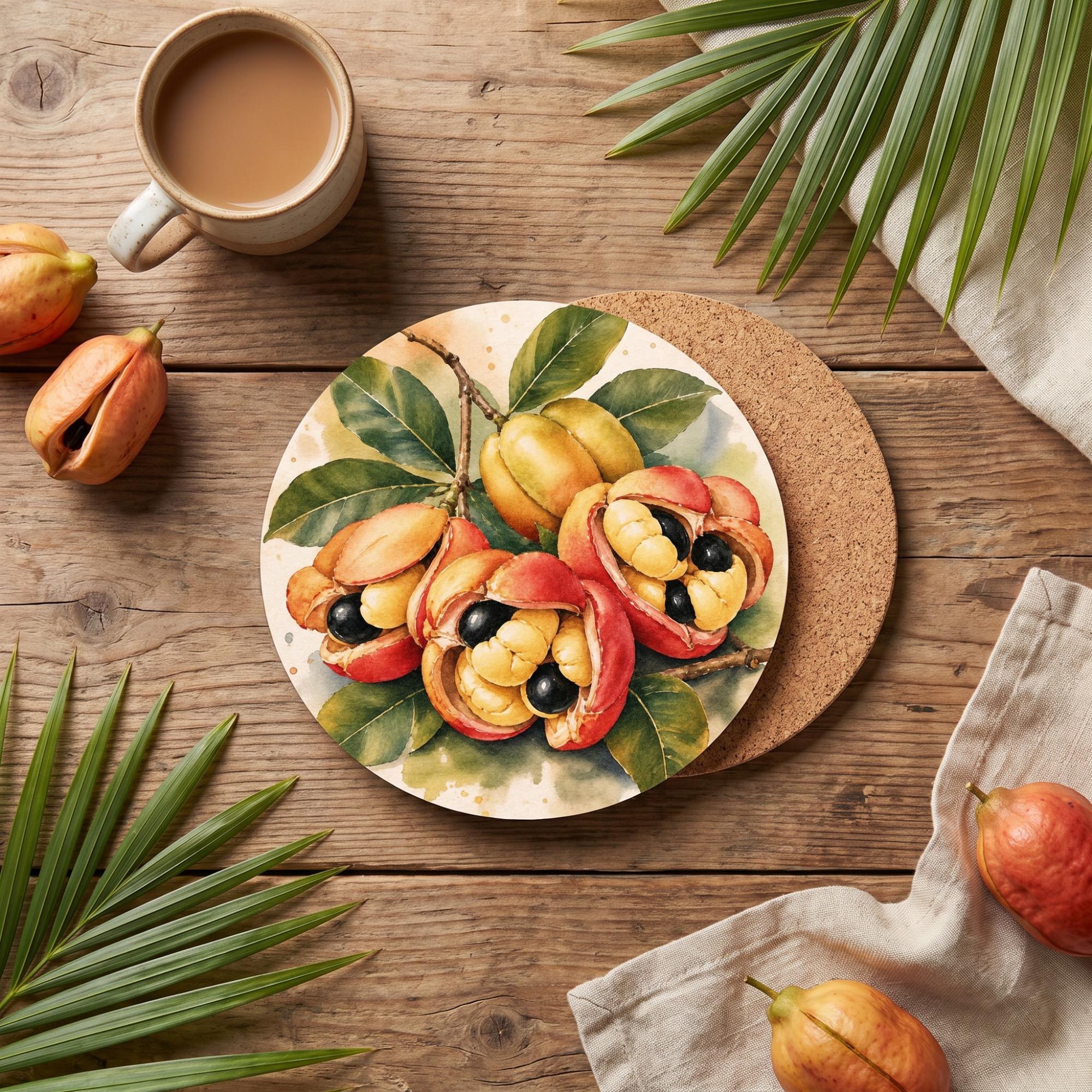 Ceramic Coaster Set | Ackee, Beef Patty, Rice & Peas + Sugar Cane | Jamaican Kitchen | Caribbean Gift, view 2