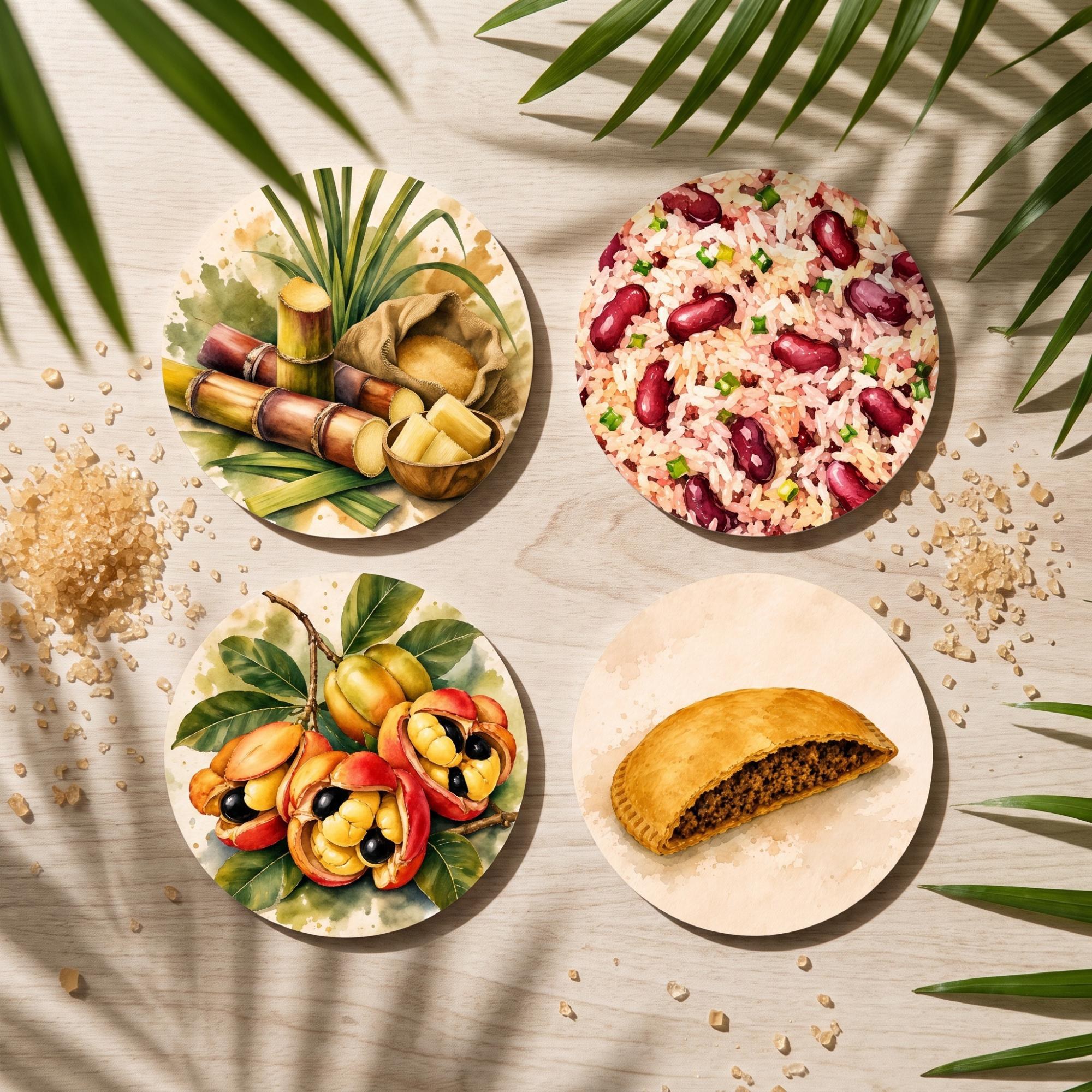 Ceramic Coaster Set | Ackee, Beef Patty, Rice & Peas + Sugar Cane | Jamaican Kitchen | Caribbean Gift, view 7