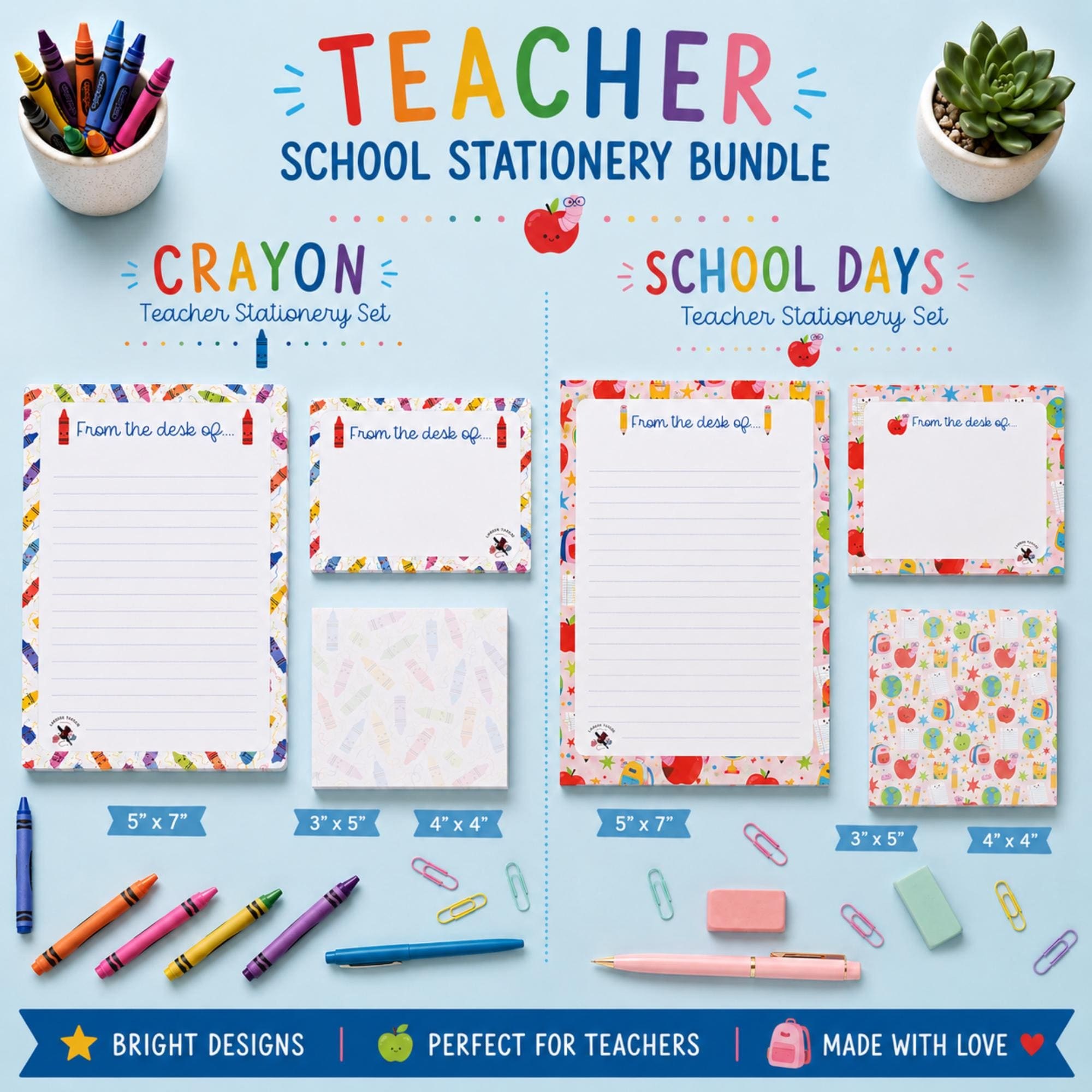 Personalized Teacher Stationery Set: Notepad, Sticky Notes, Notecards & Reward Stickers, School Designs