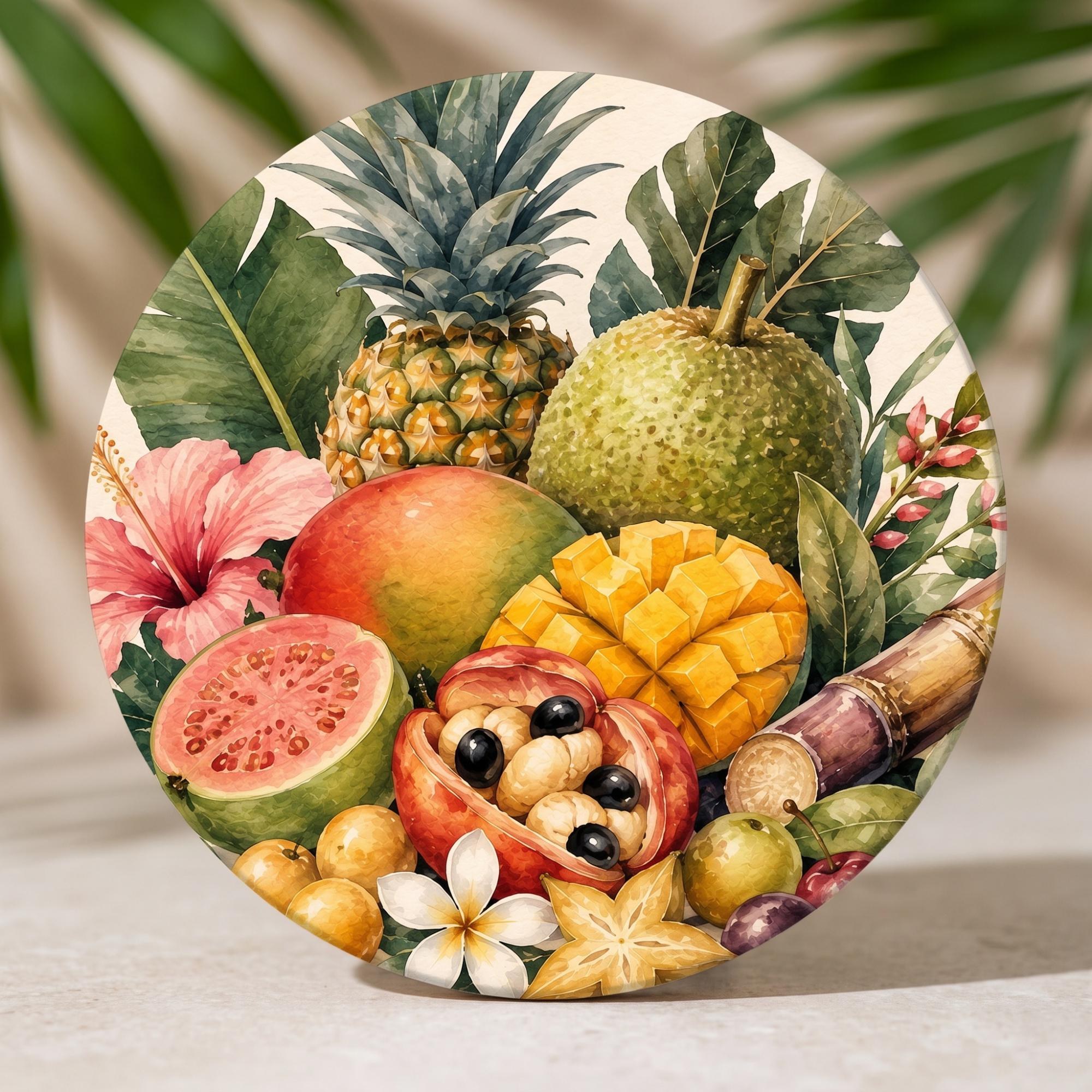 Ceramic Coasters | Jamaica Island Harvest Collection | Watercolor Botanical Design | Cork Backed | Caribbean Home Decor