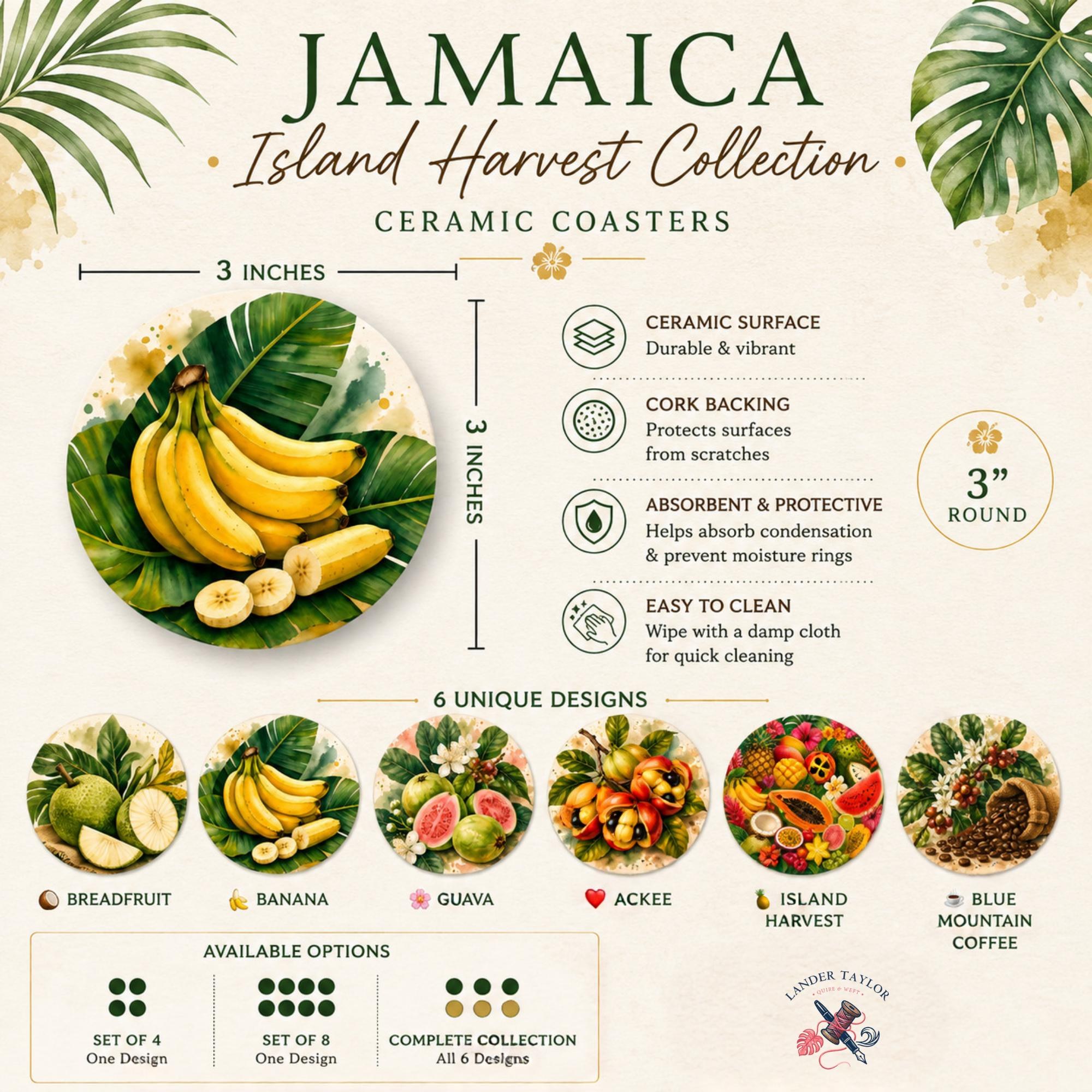 Ceramic Coasters | Jamaica Island Harvest Collection | Watercolor Botanical Design | Cork Backed | Caribbean Home Decor, view 2