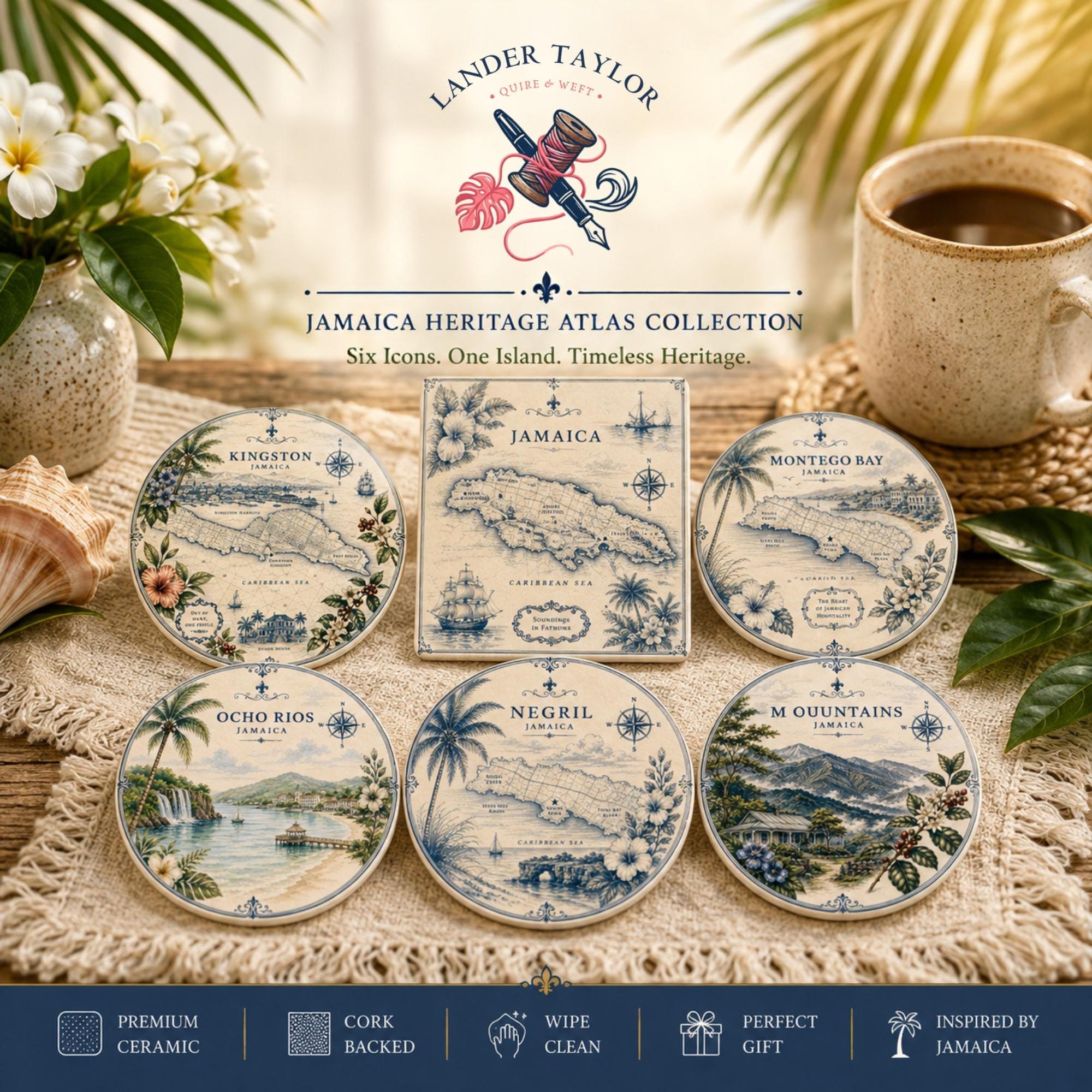 Jamaican Map Coasters • Stone with Cork Back • Caribbean Decor • Jamaica Gift • Vintage Coastal Design, view 8