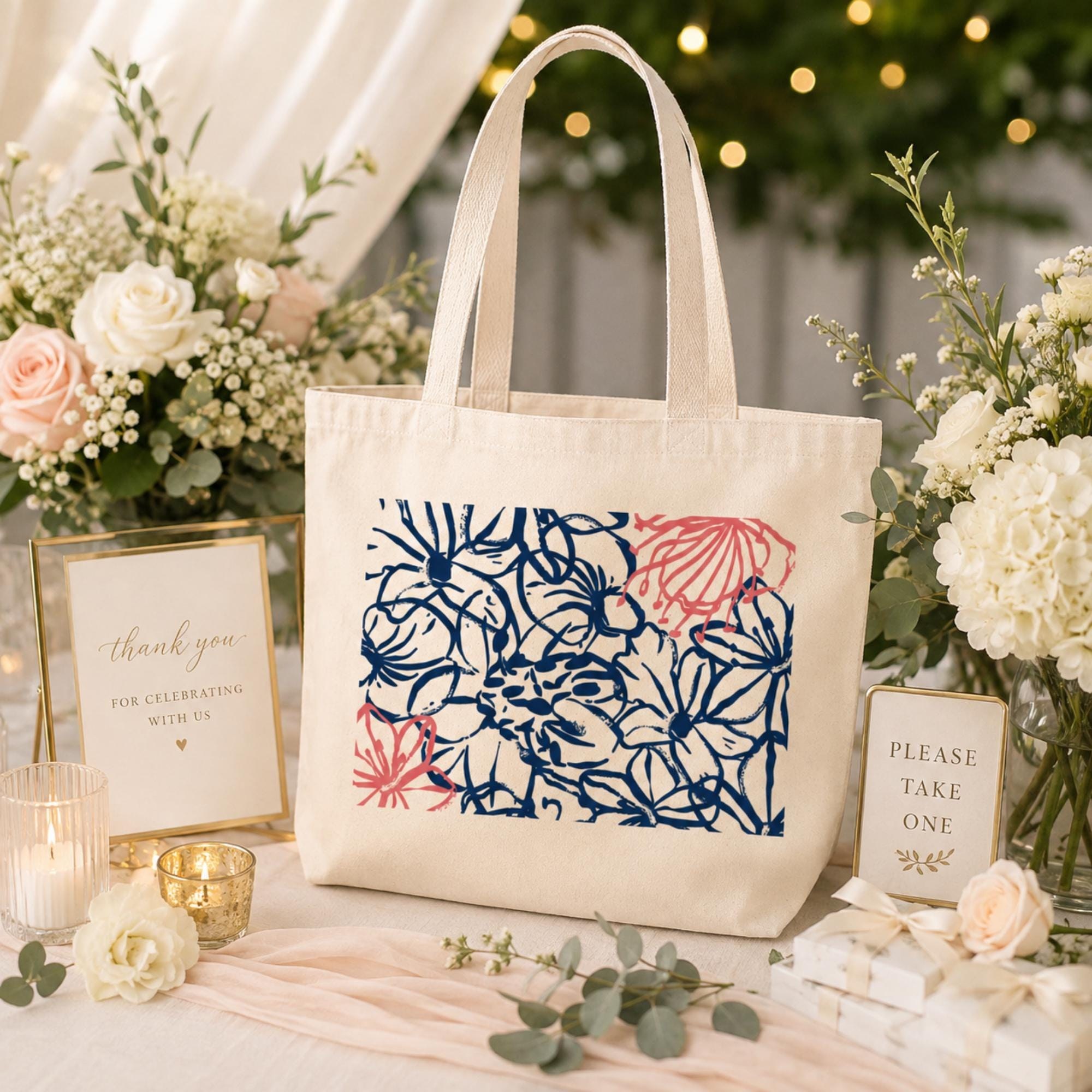 Custom Floral Wedding Favor Tote Bag, Personalized Keepsake Gift Bag