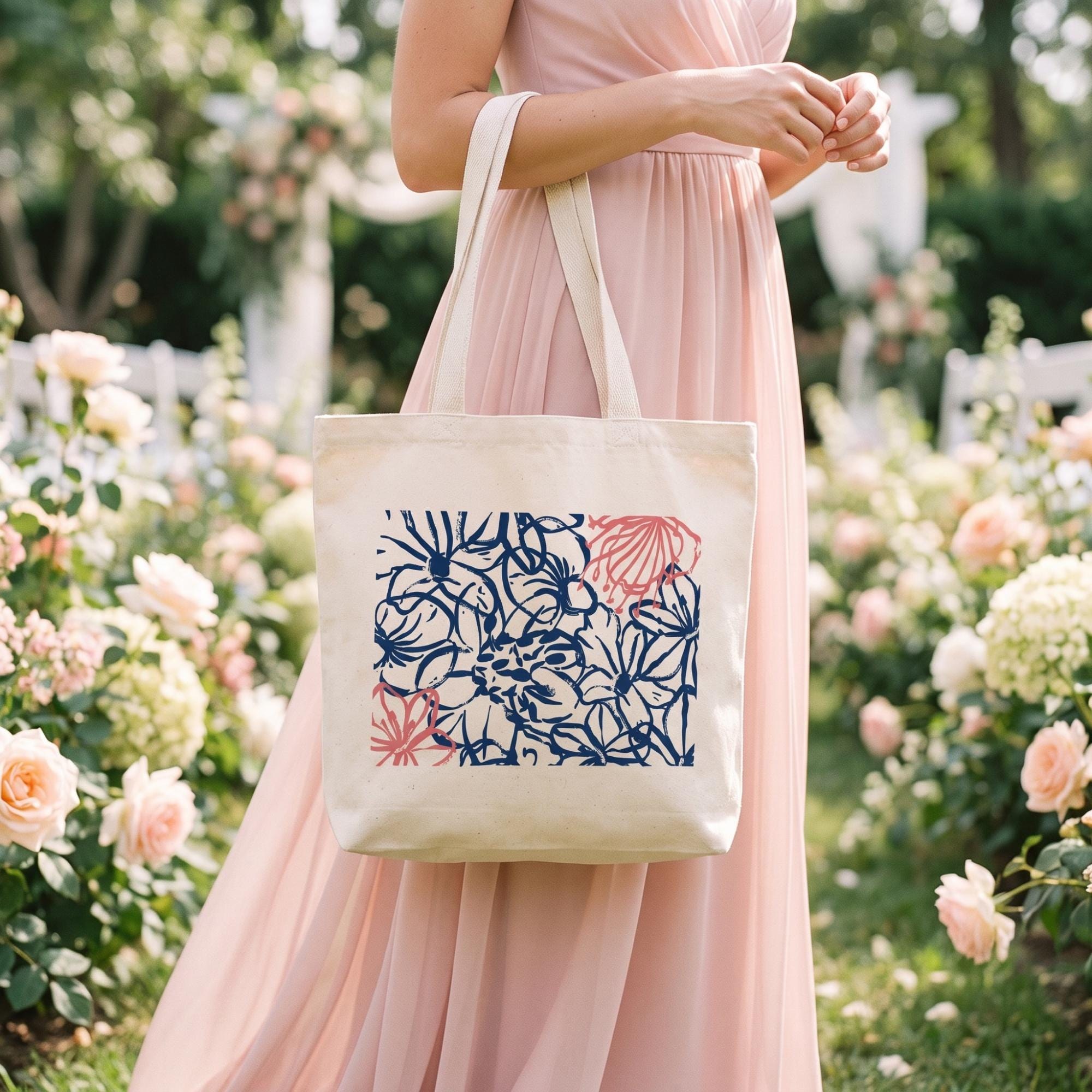 Custom Floral Wedding Favor Tote Bag, Personalized Keepsake Gift Bag, view 4