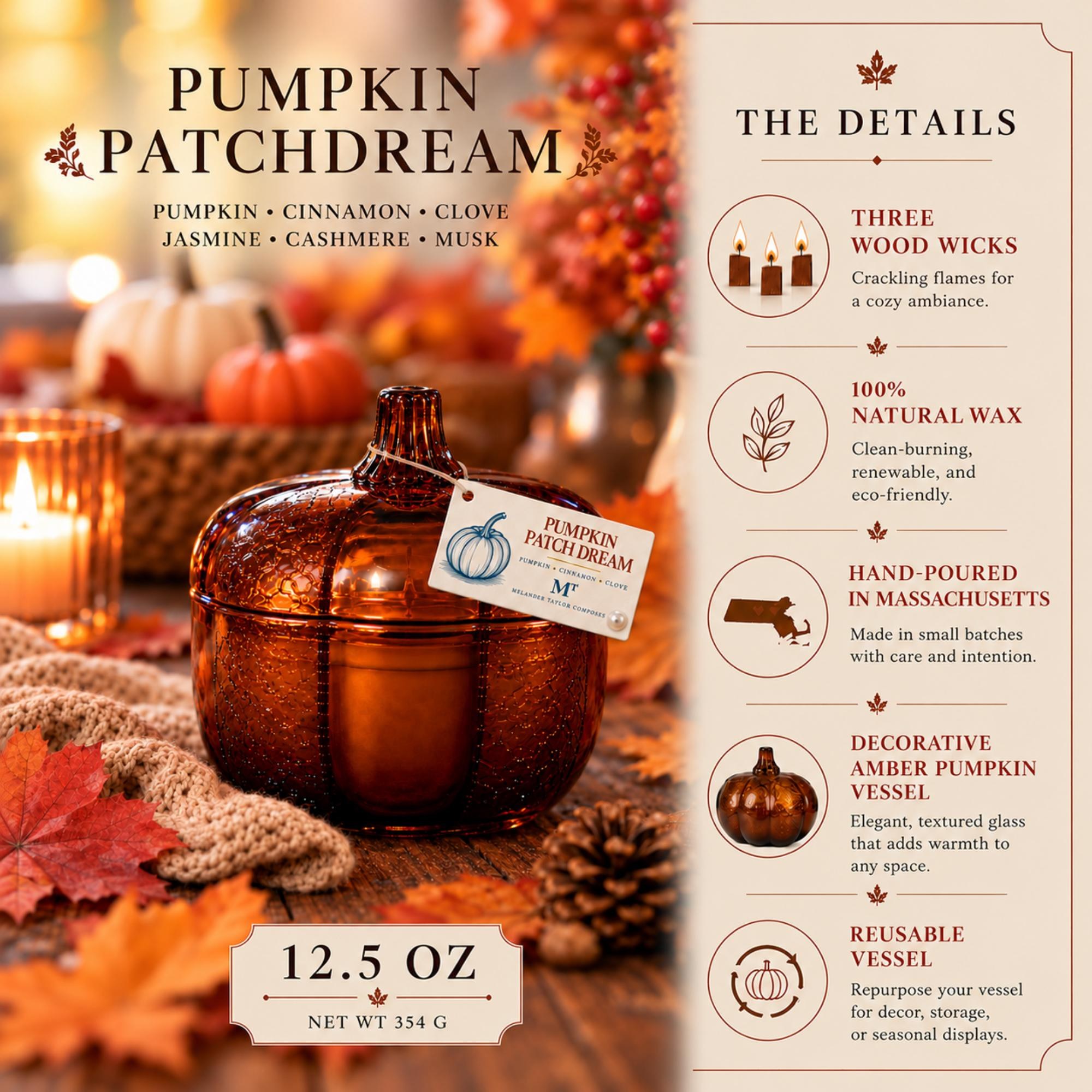 Pumpkin Candle, Triple Wood Wicks, Hand Poured, 12.5oz, Autumn Home Decor, Pumpkin Patch Dream, view 3