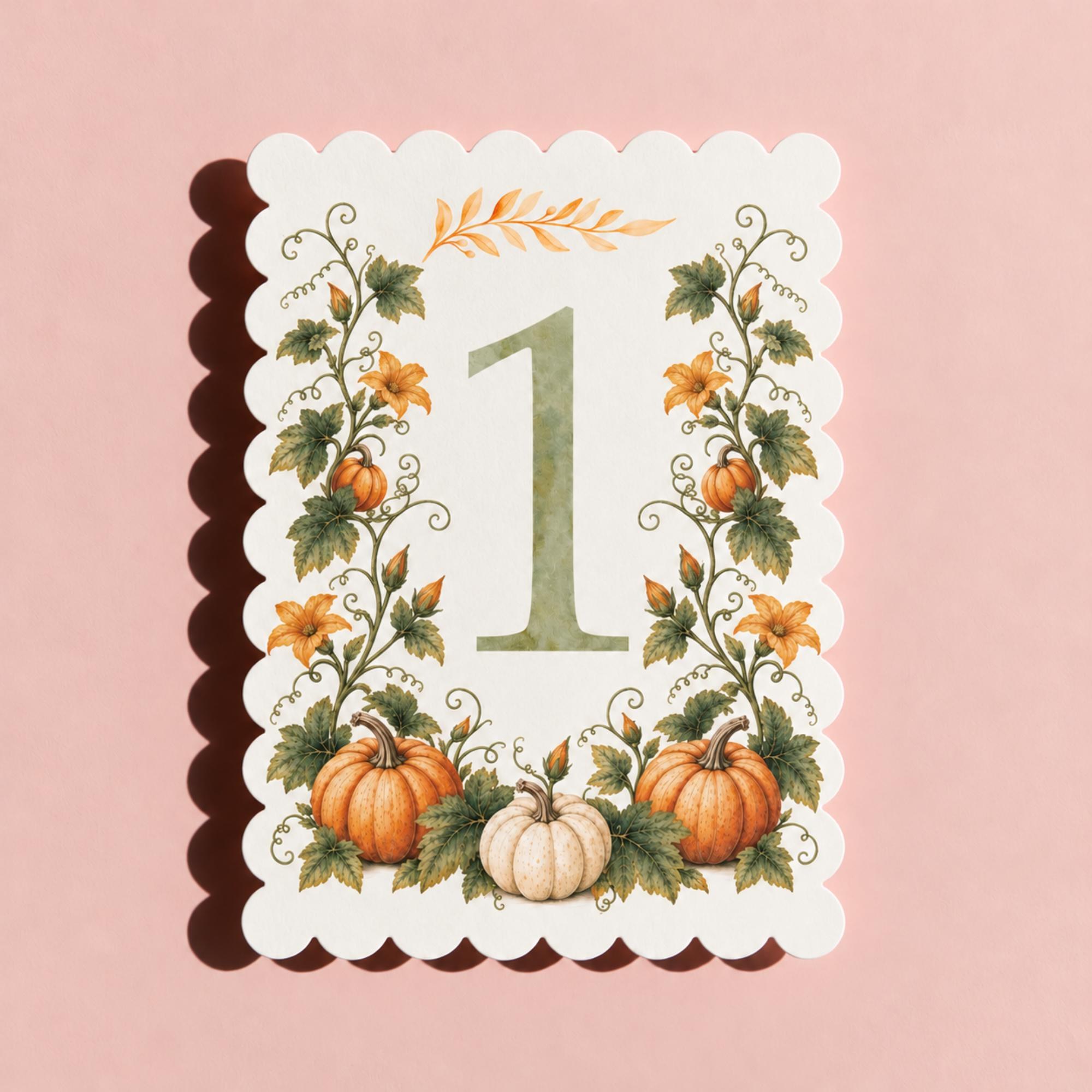 Autumn Pumpkin Watercolor Table Numbers, PRINTED set, Scalloped Edge Paper, Fall Wedding Decor