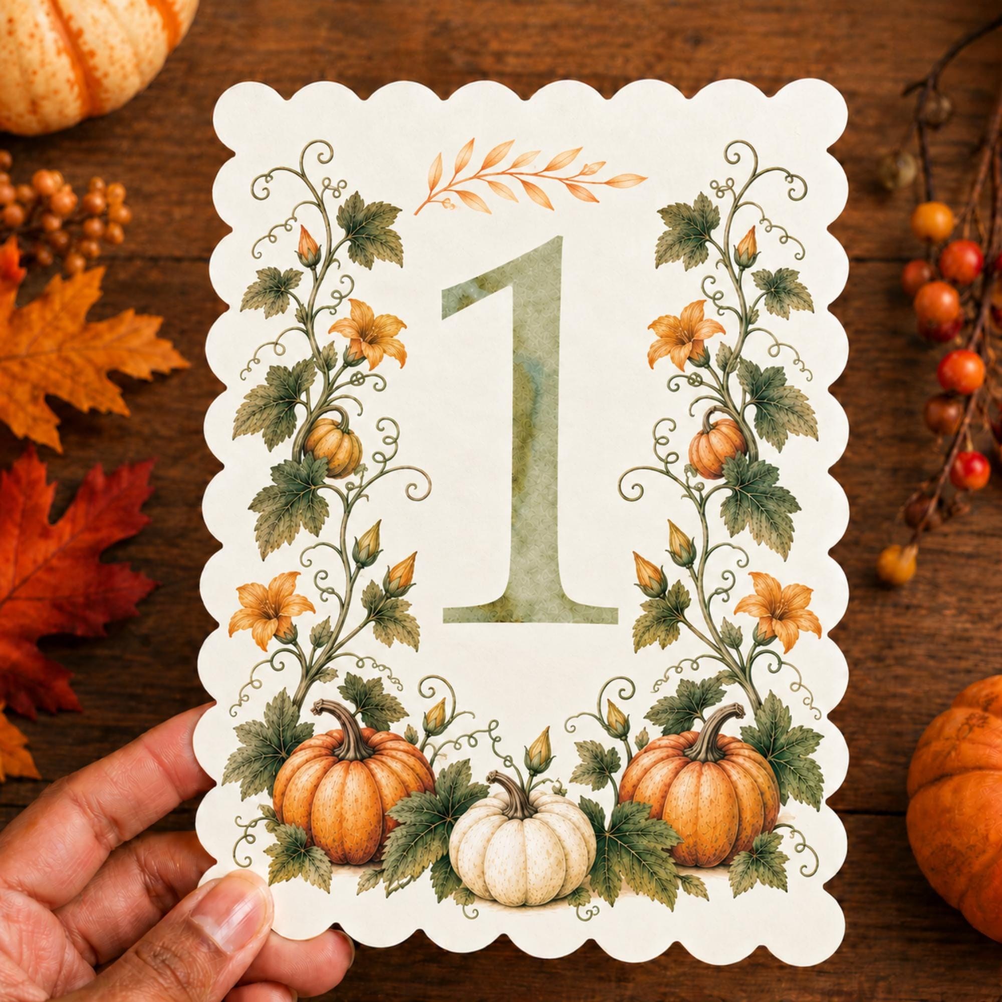 Autumn Pumpkin Watercolor Table Numbers, PRINTED set, Scalloped Edge Paper, Fall Wedding Decor, view 2