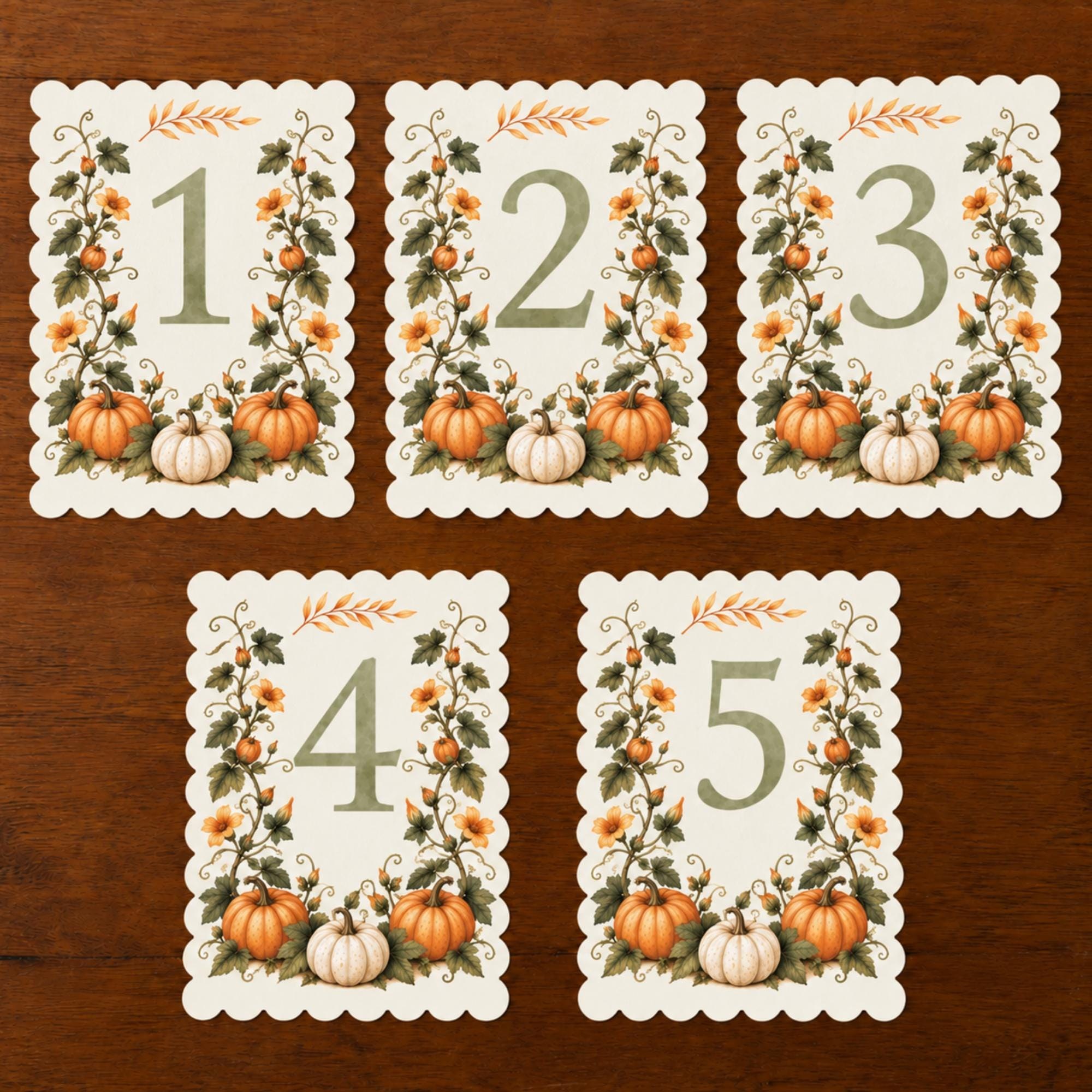 Autumn Pumpkin Watercolor Table Numbers, PRINTED set, Scalloped Edge Paper, Fall Wedding Decor, view 3
