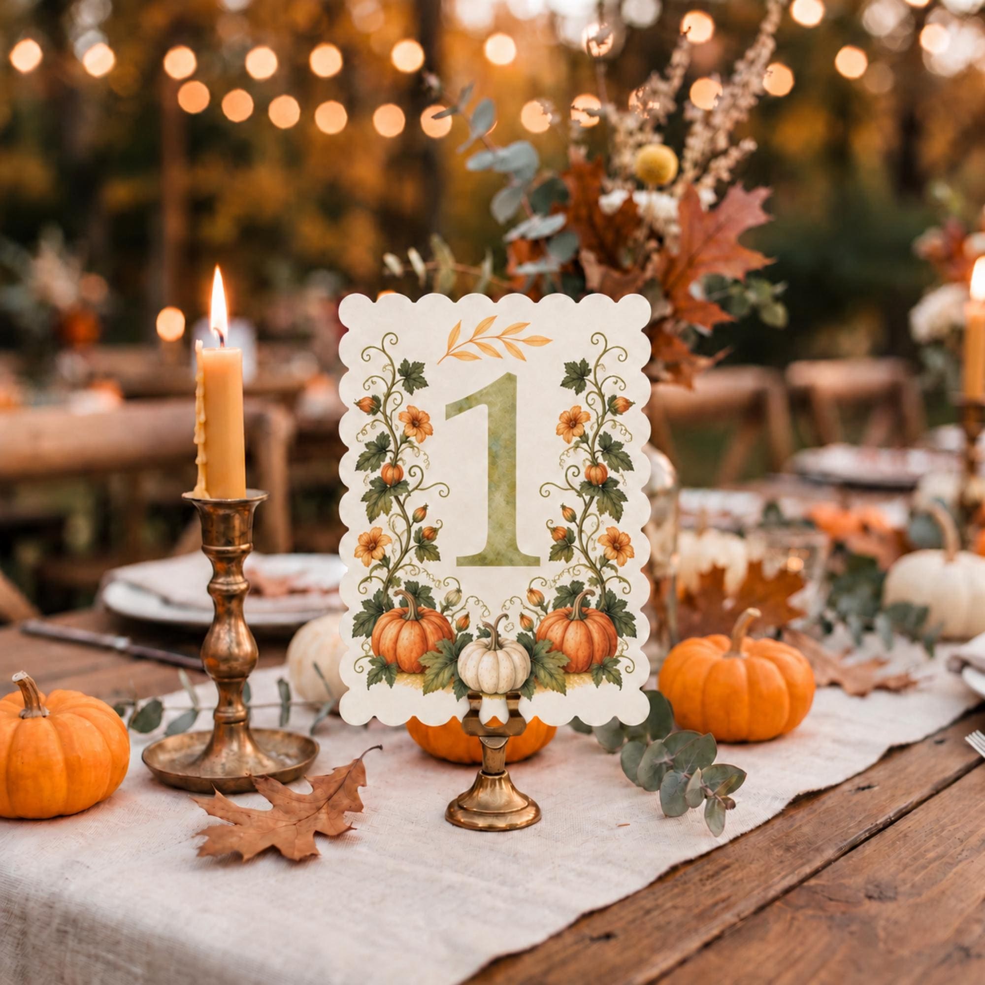 Autumn Pumpkin Watercolor Table Numbers, PRINTED set, Scalloped Edge Paper, Fall Wedding Decor, view 4