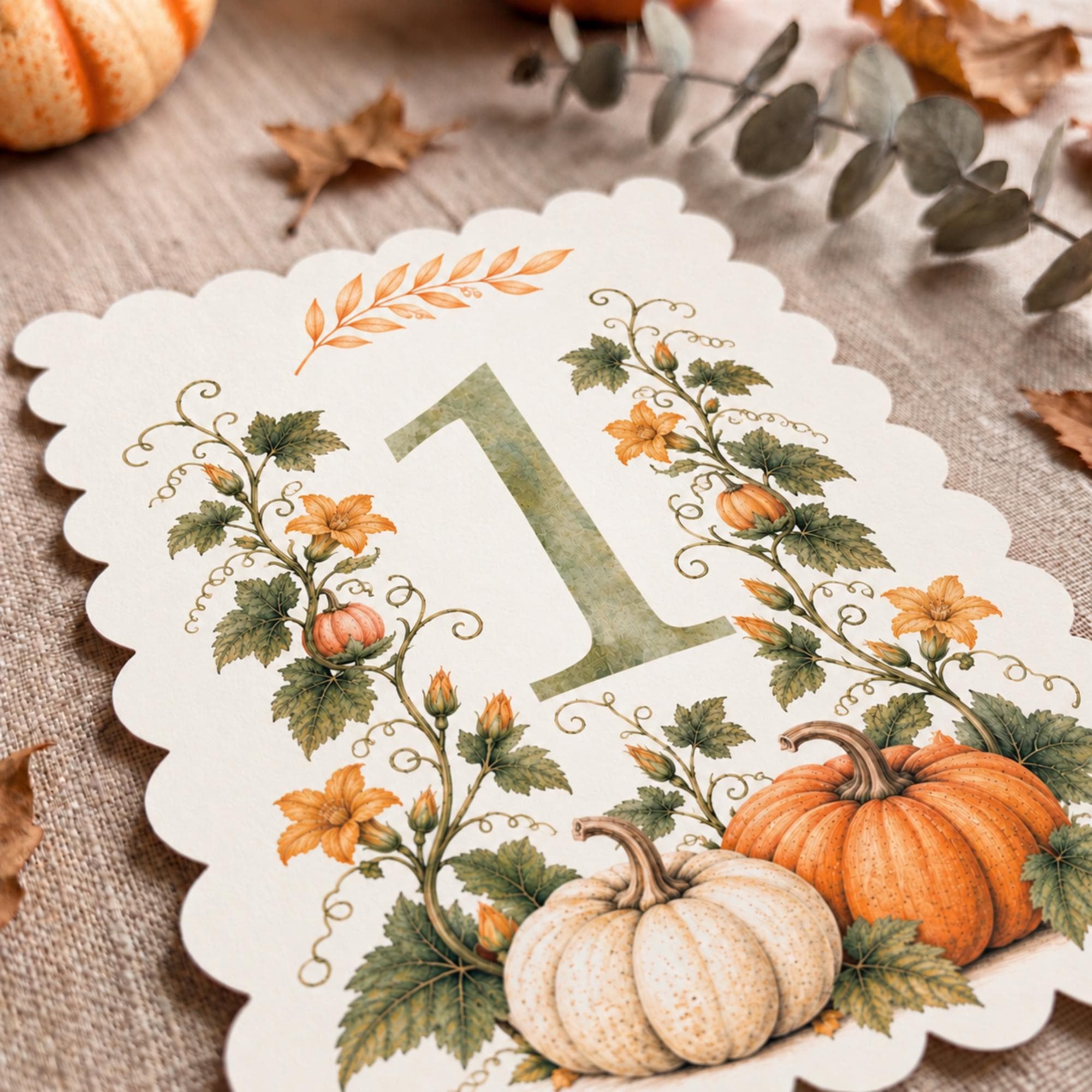 Autumn Pumpkin Watercolor Table Numbers, PRINTED set, Scalloped Edge Paper, Fall Wedding Decor, view 5