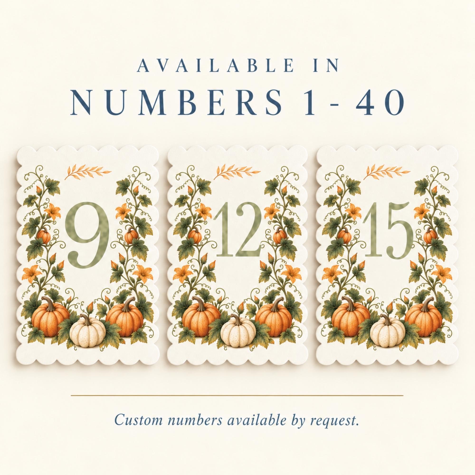 Autumn Pumpkin Watercolor Table Numbers, PRINTED set, Scalloped Edge Paper, Fall Wedding Decor, view 6