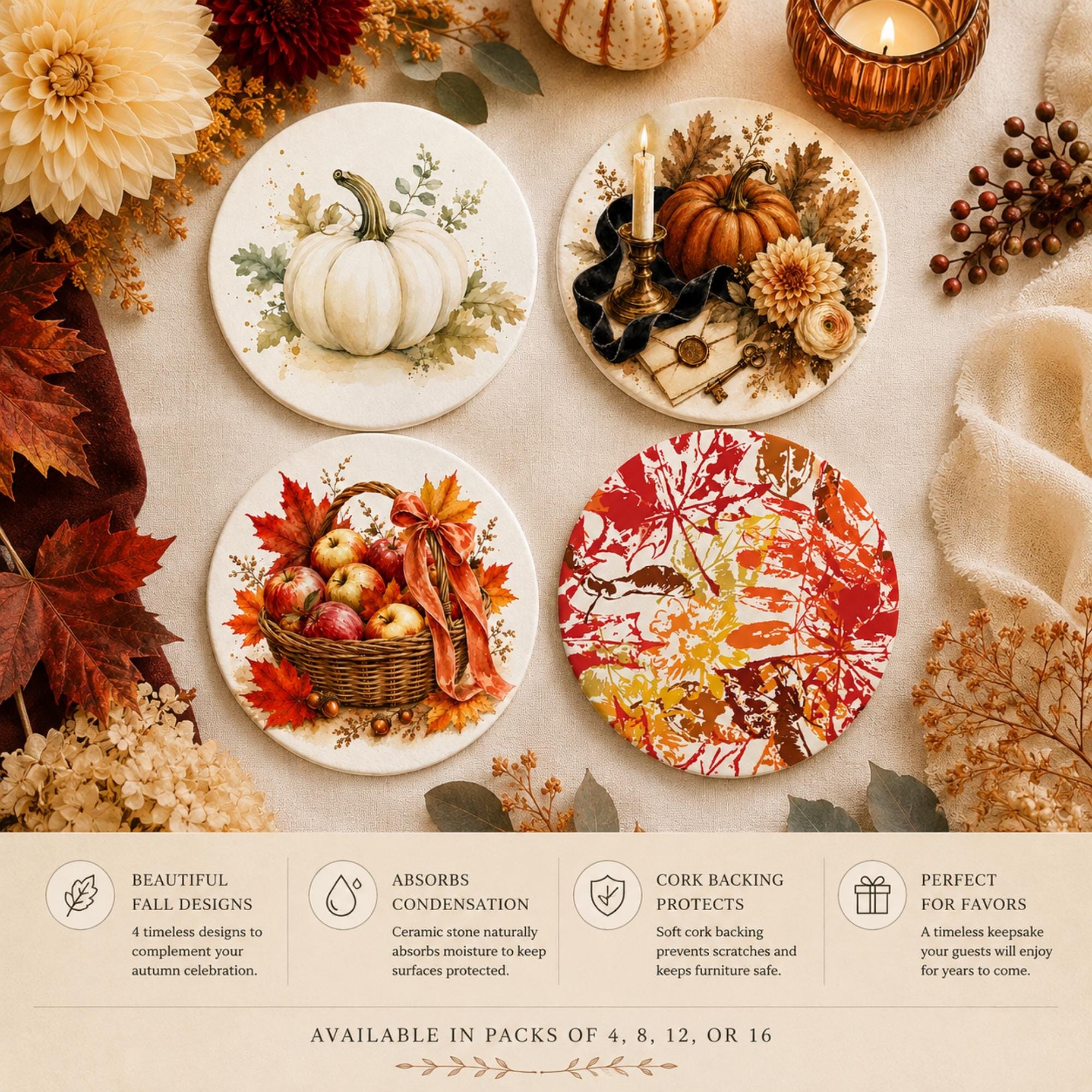 Coasters | Ceramic Stone Coasters | Fall Design | Wedding or Party Favor Gift | Set of 4–16