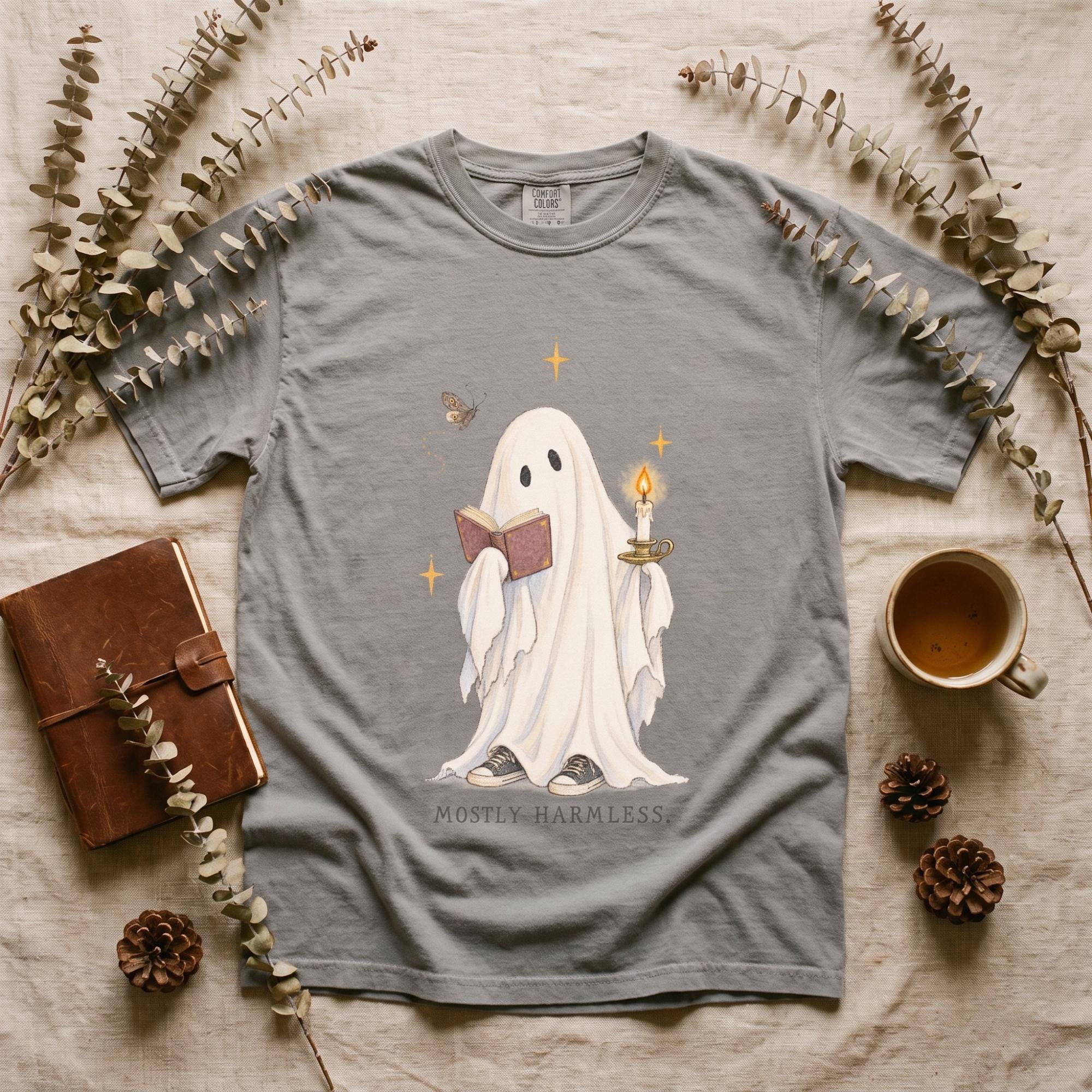 Adult Halloween Ghost Tee Shirt, Comfort Colors®, Garment Dyed Cotton, Mostly Harmless Design