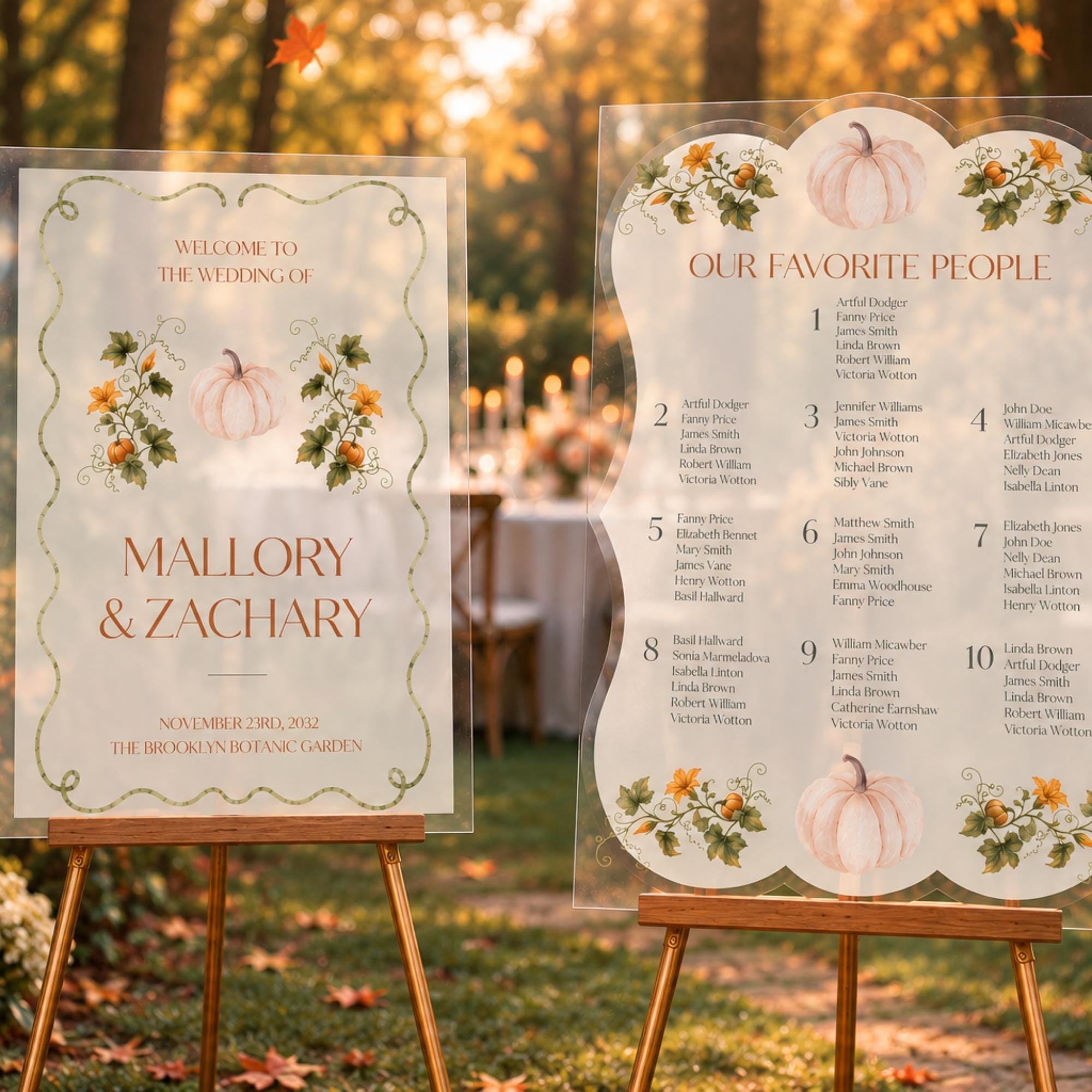 Pumpkin Acrylic Wedding Seating Chart & Welcome Sign Bundle Chart, event keepsake
