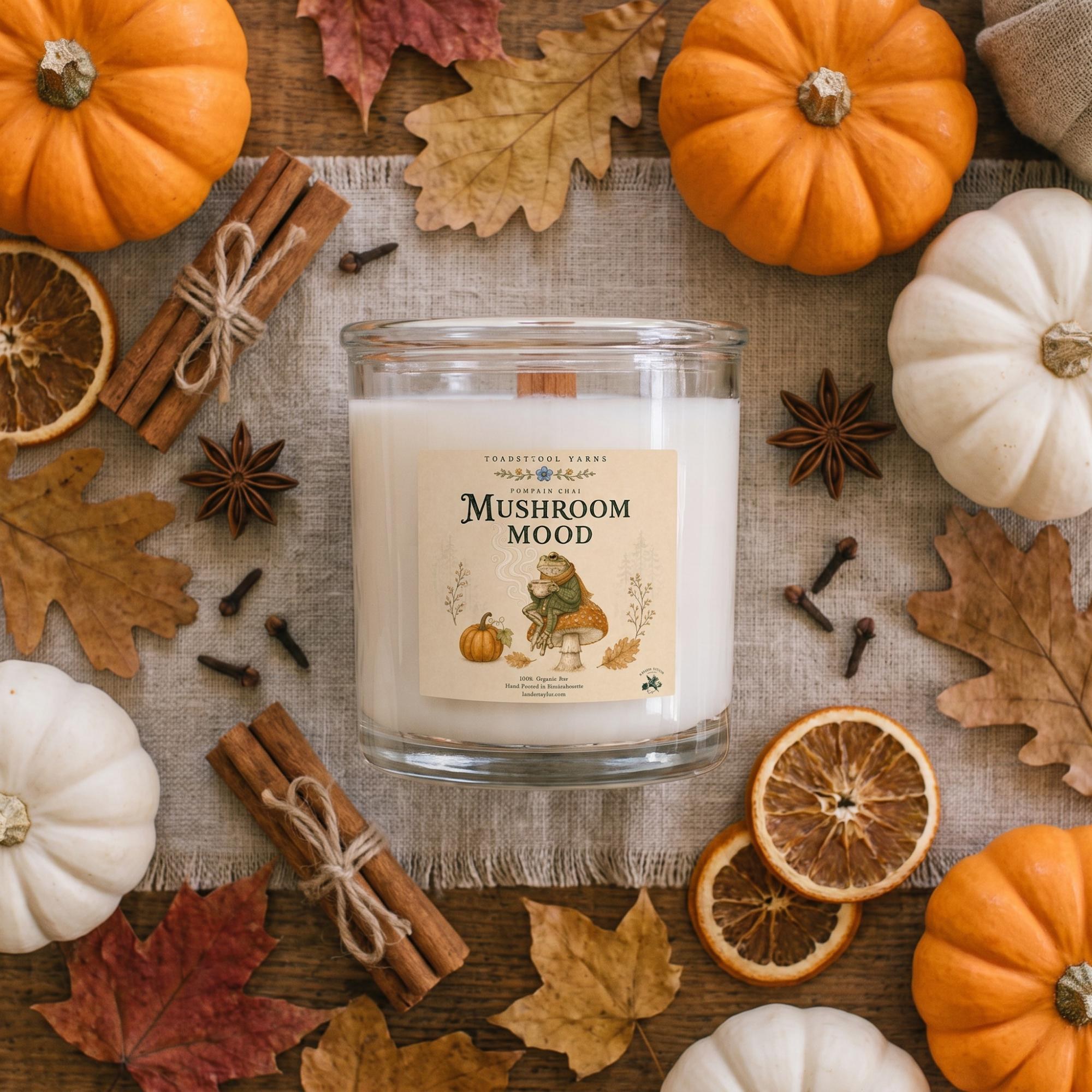 Whimsical Candle, 8.5oz, 100% Natural Soy, Frog and Mushroom Gift, Toadstool Yarns Woodland
