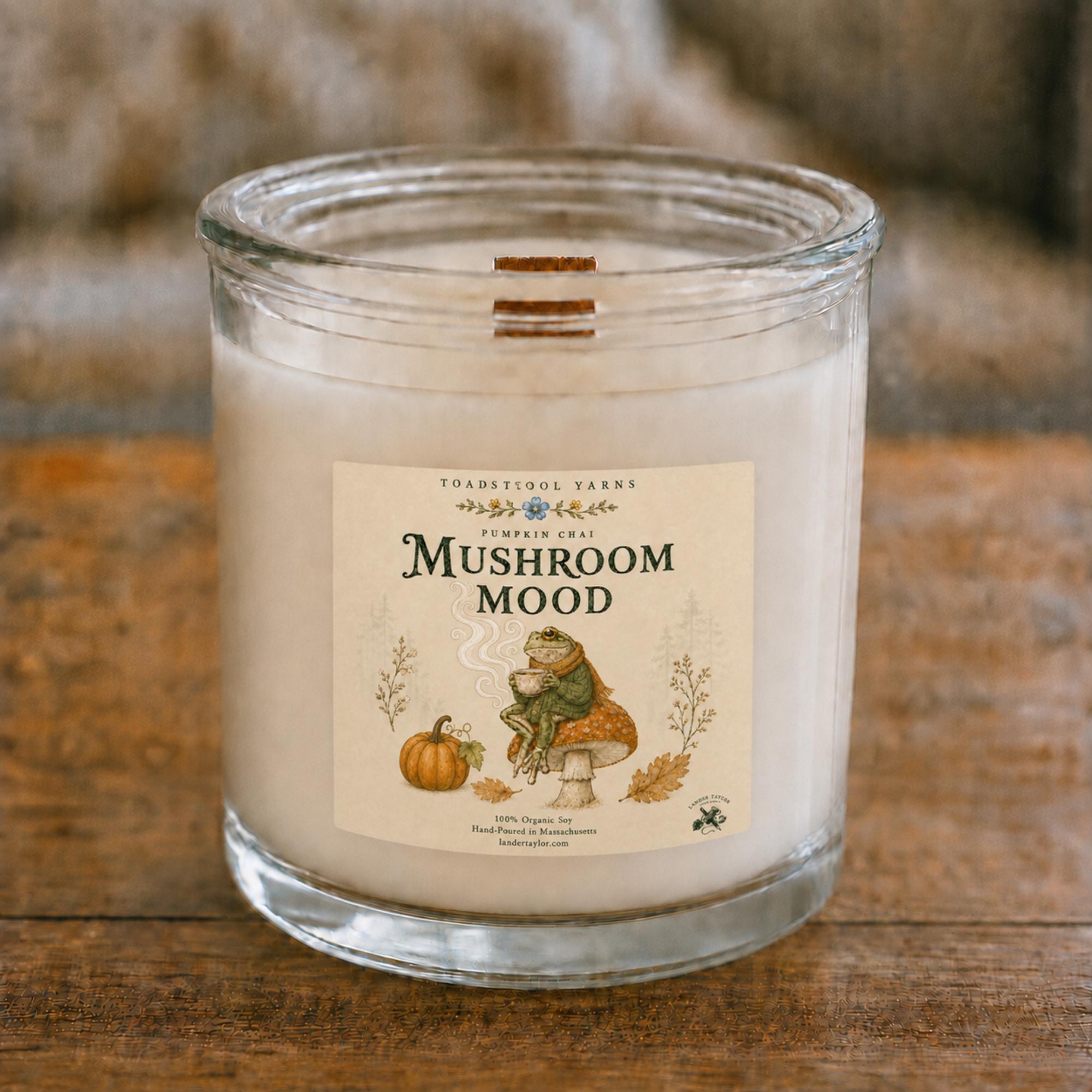 Whimsical Candle, 8.5oz, 100% Natural Soy, Frog and Mushroom Gift, Toadstool Yarns Woodland, view 2