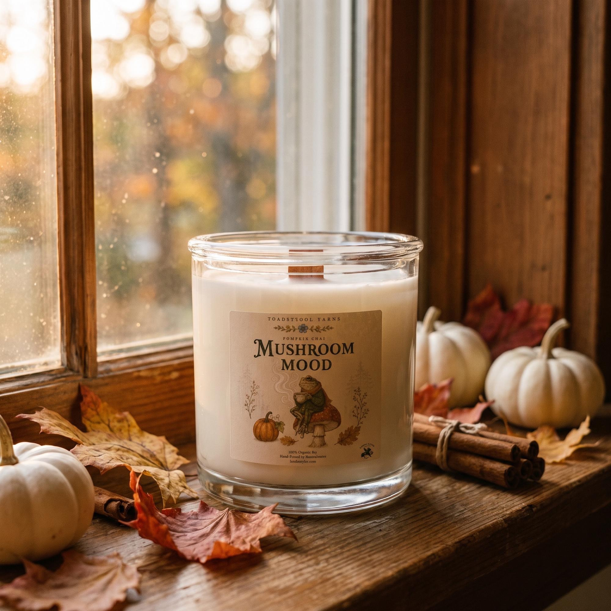 Whimsical Candle, 8.5oz, 100% Natural Soy, Frog and Mushroom Gift, Toadstool Yarns Woodland, view 3