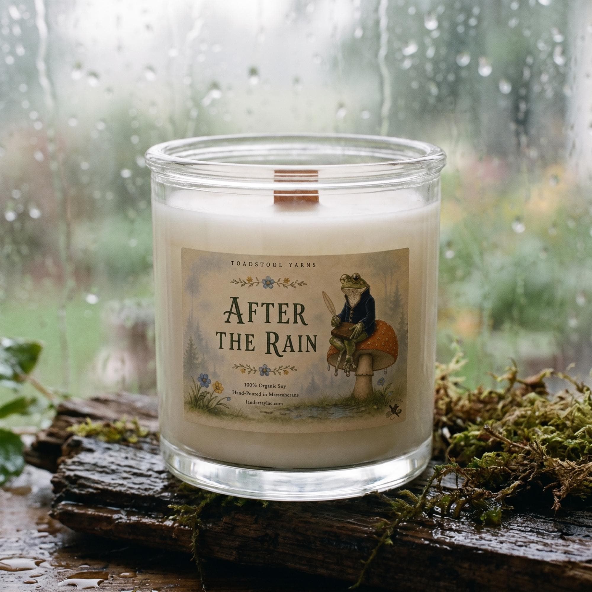 Whimsical Candle, 8.5oz, 100% Natural Soy, Frog and Mushroom Gift, Toadstool Yarns Woodland, view 6