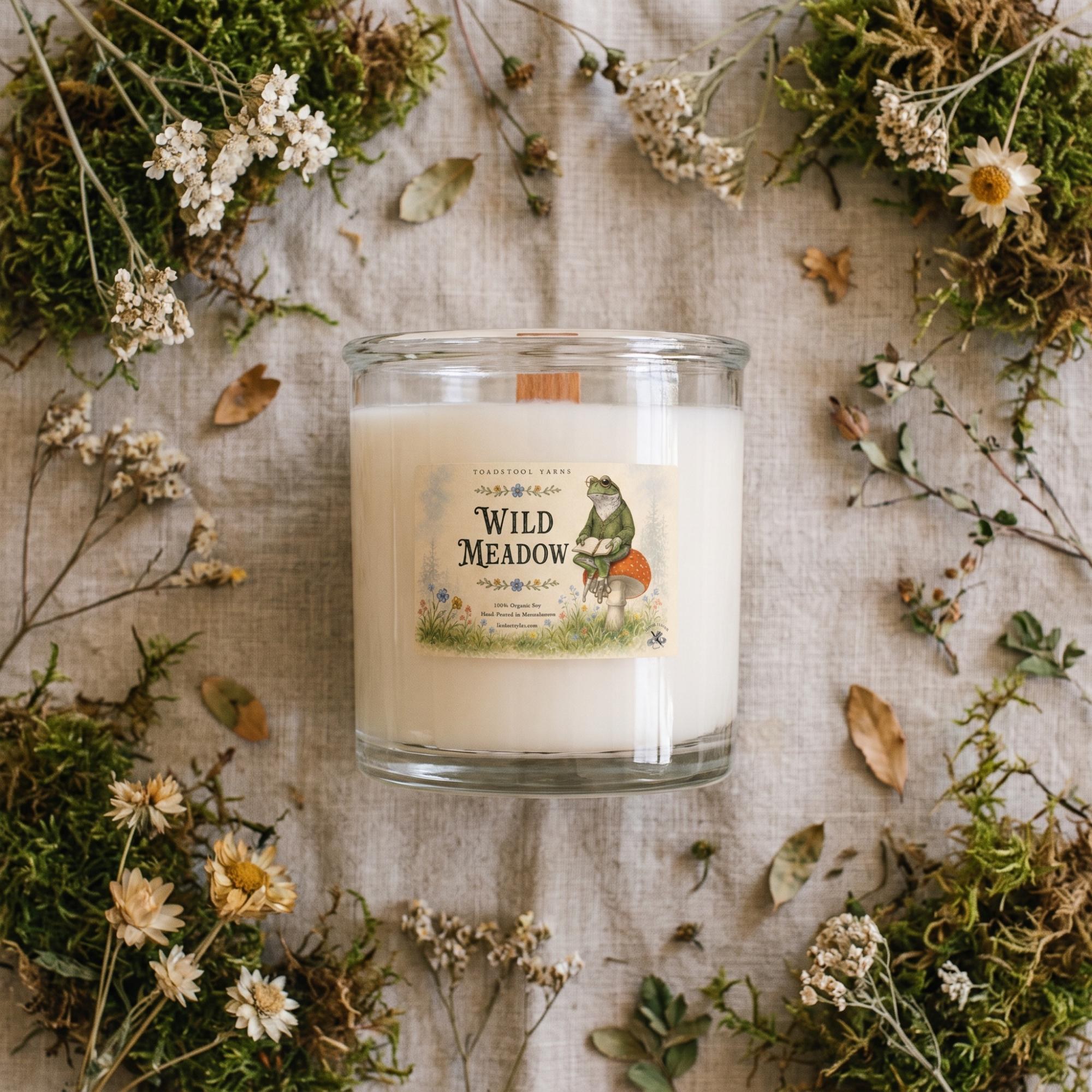 Whimsical Candle, 8.5oz, 100% Natural Soy, Frog and Mushroom Gift, Toadstool Yarns Woodland, view 7