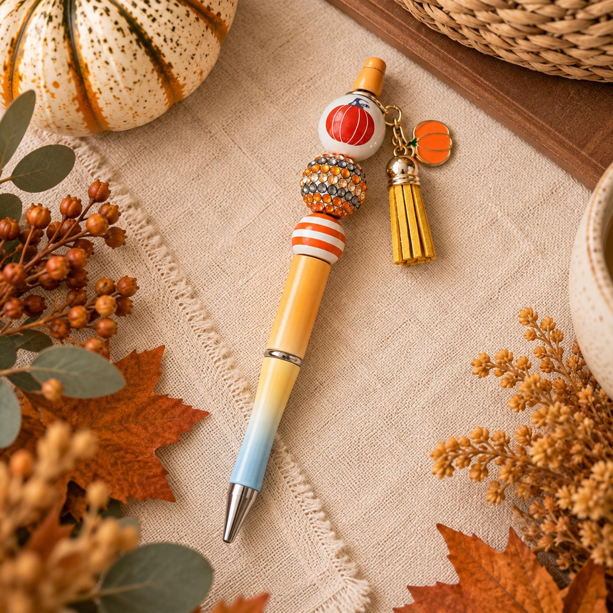 Fall Beaded Pen with Pumpkin Charm, Handmade, Teacher Gift
