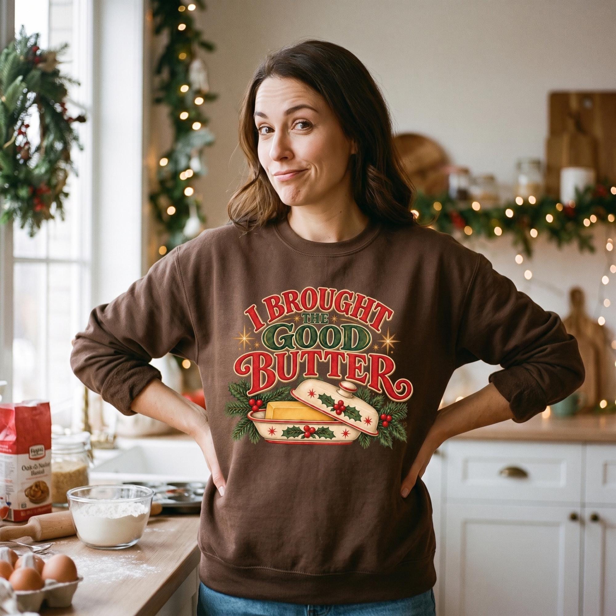 Holiday Sweatshirt, Butter Art, Festive Kitchen Gift, Cocoa Brown or Butter Yellow