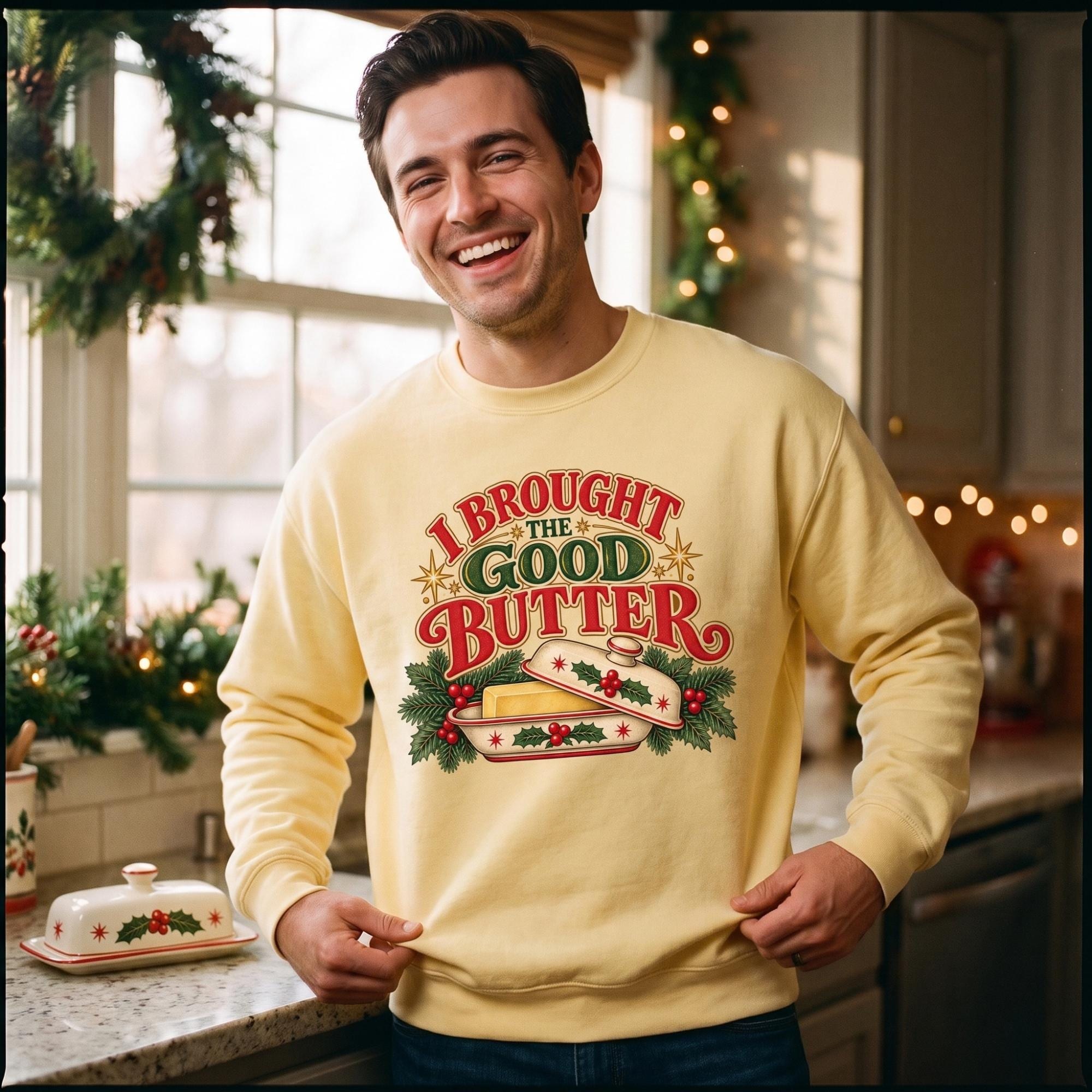 Holiday Sweatshirt, Butter Art, Festive Kitchen Gift, Cocoa Brown or Butter Yellow, view 3
