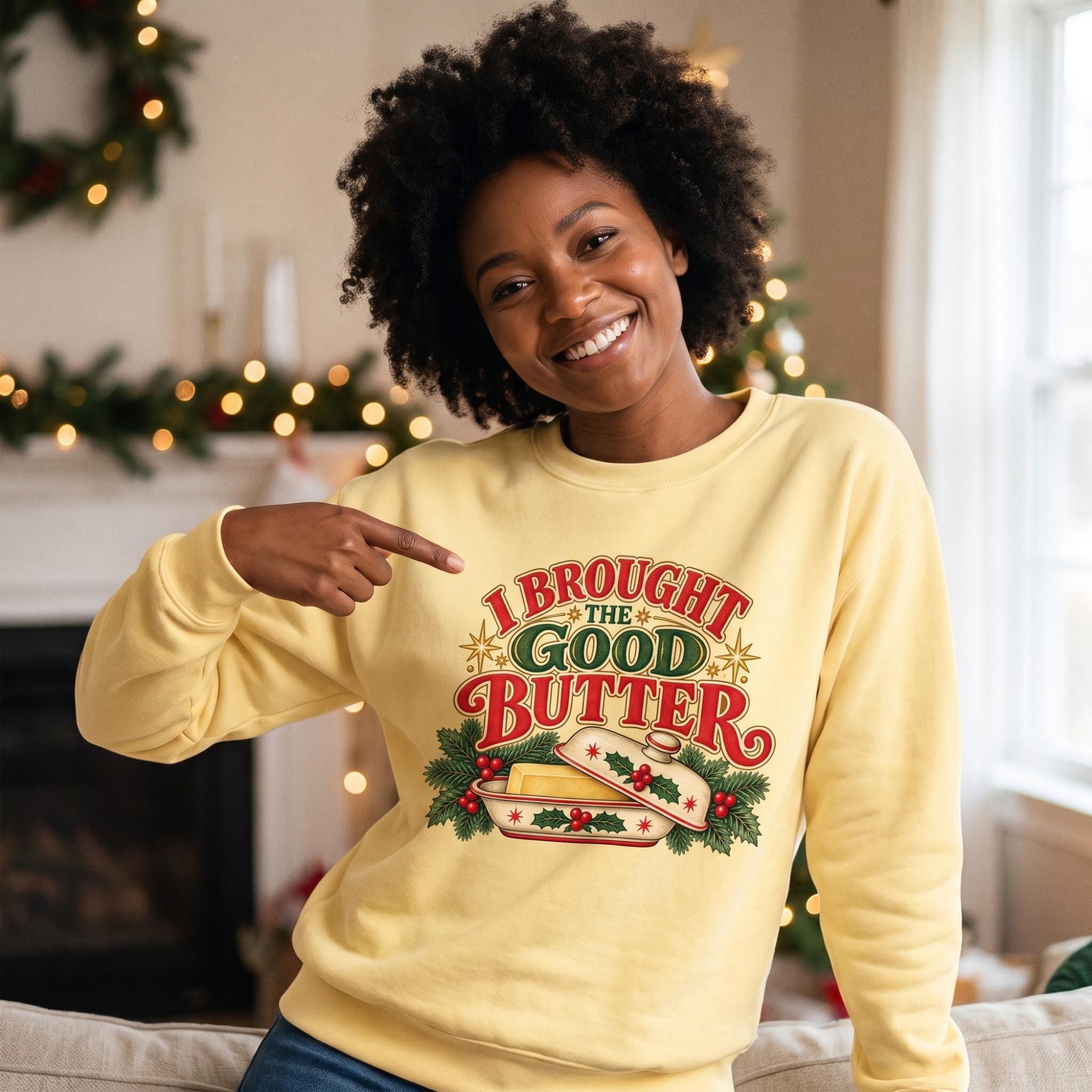 Holiday Sweatshirt, Butter Art, Festive Kitchen Gift, Cocoa Brown or Butter Yellow, view 5