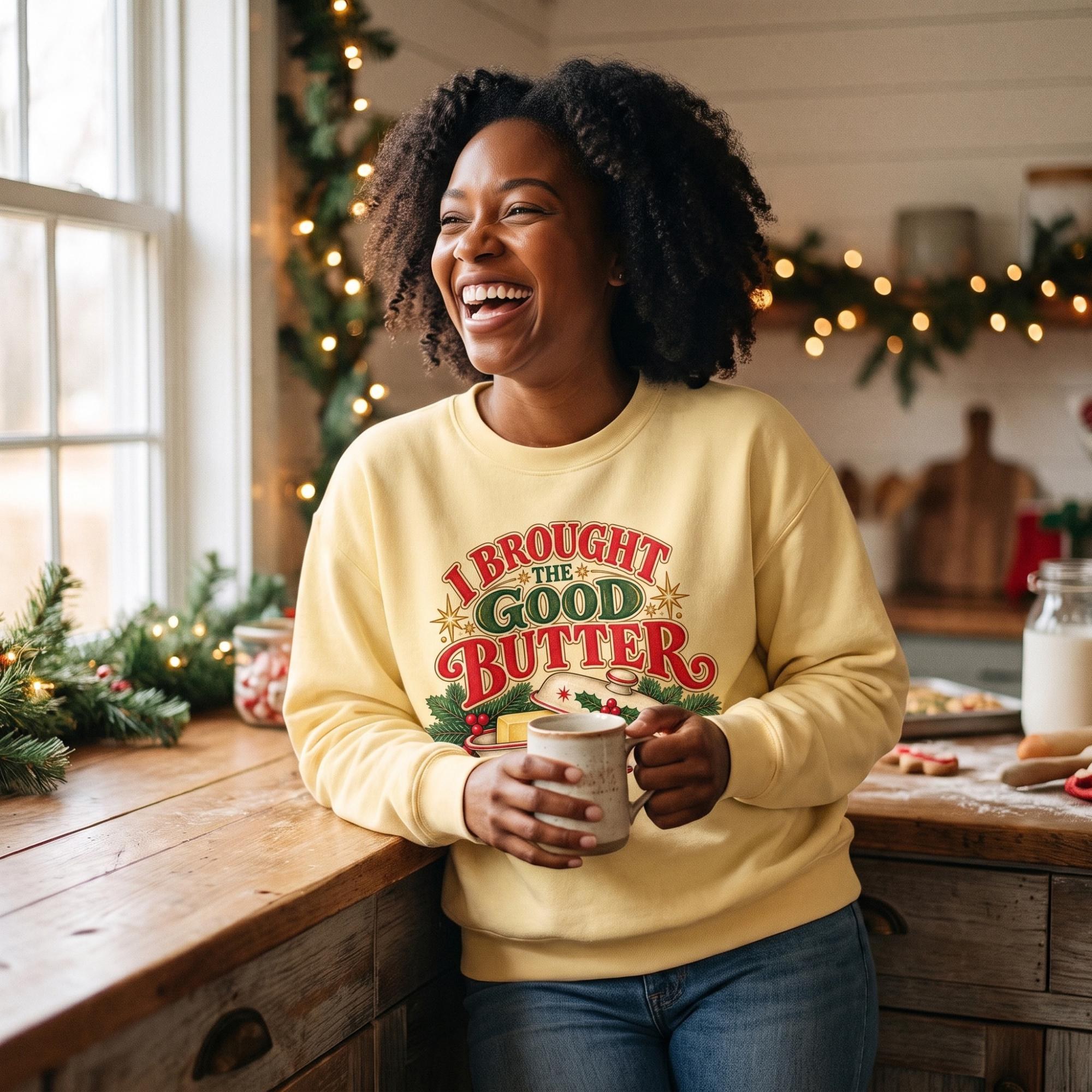 Holiday Sweatshirt, Butter Art, Festive Kitchen Gift, Cocoa Brown or Butter Yellow, view 6