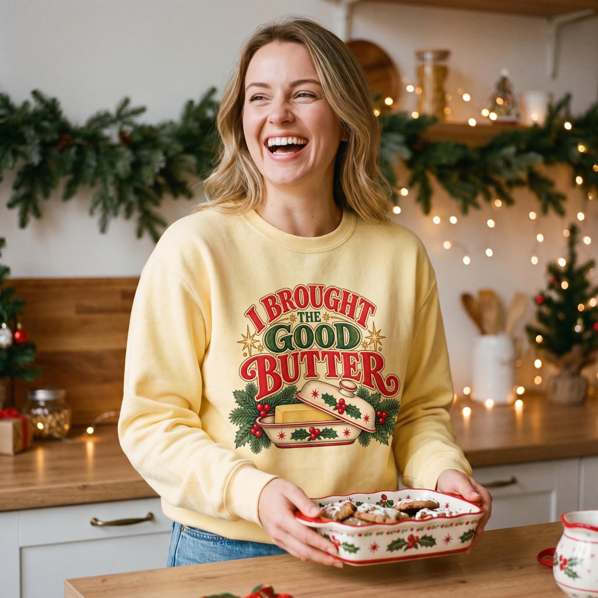 Holiday Sweatshirt, Butter Art, Festive Kitchen Gift, Cocoa Brown or Butter Yellow, view 7
