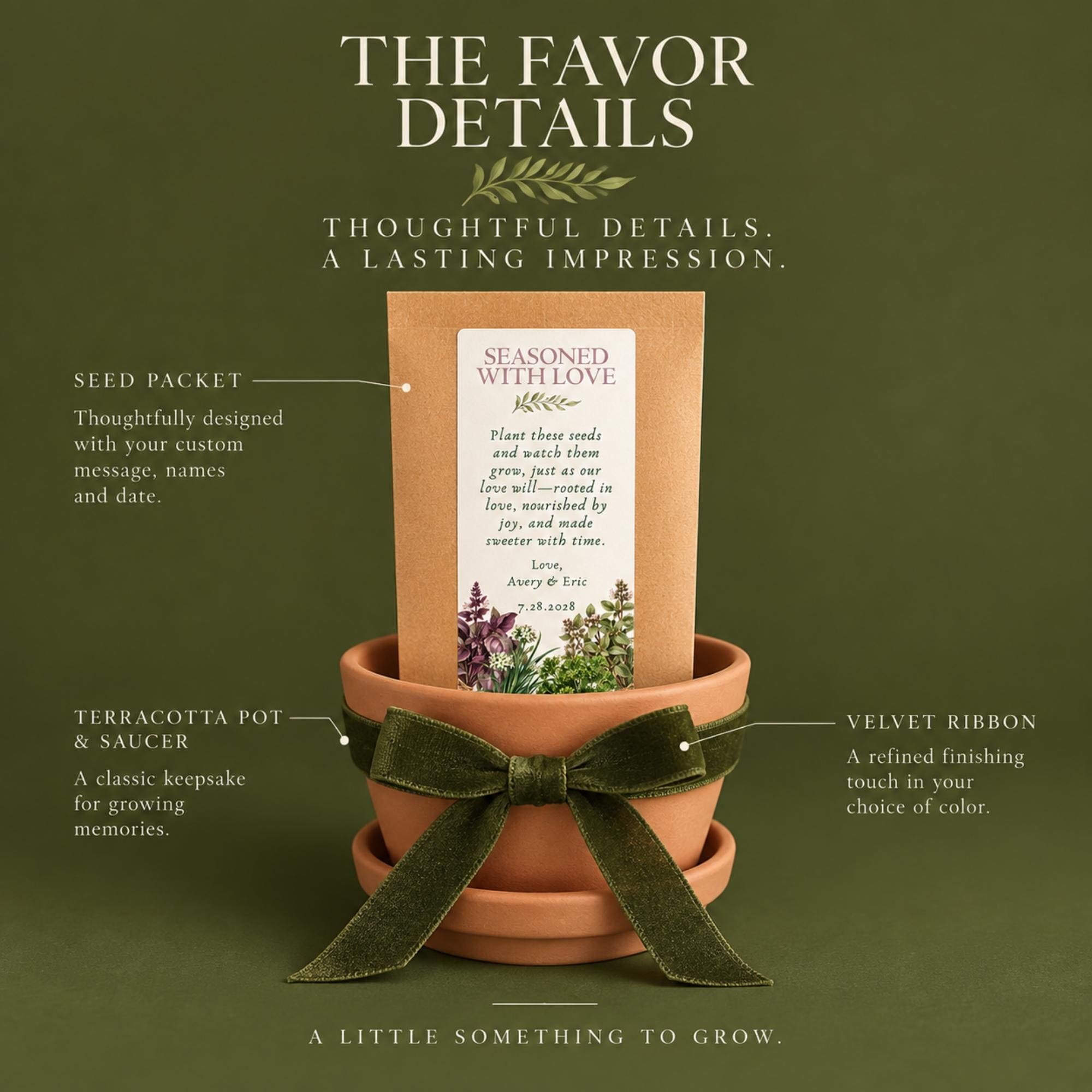 Herb Seed Guest Favors. Terracotta Pots, Seasoned With Love, Botanical Guest Gifts, Personalized, view 3