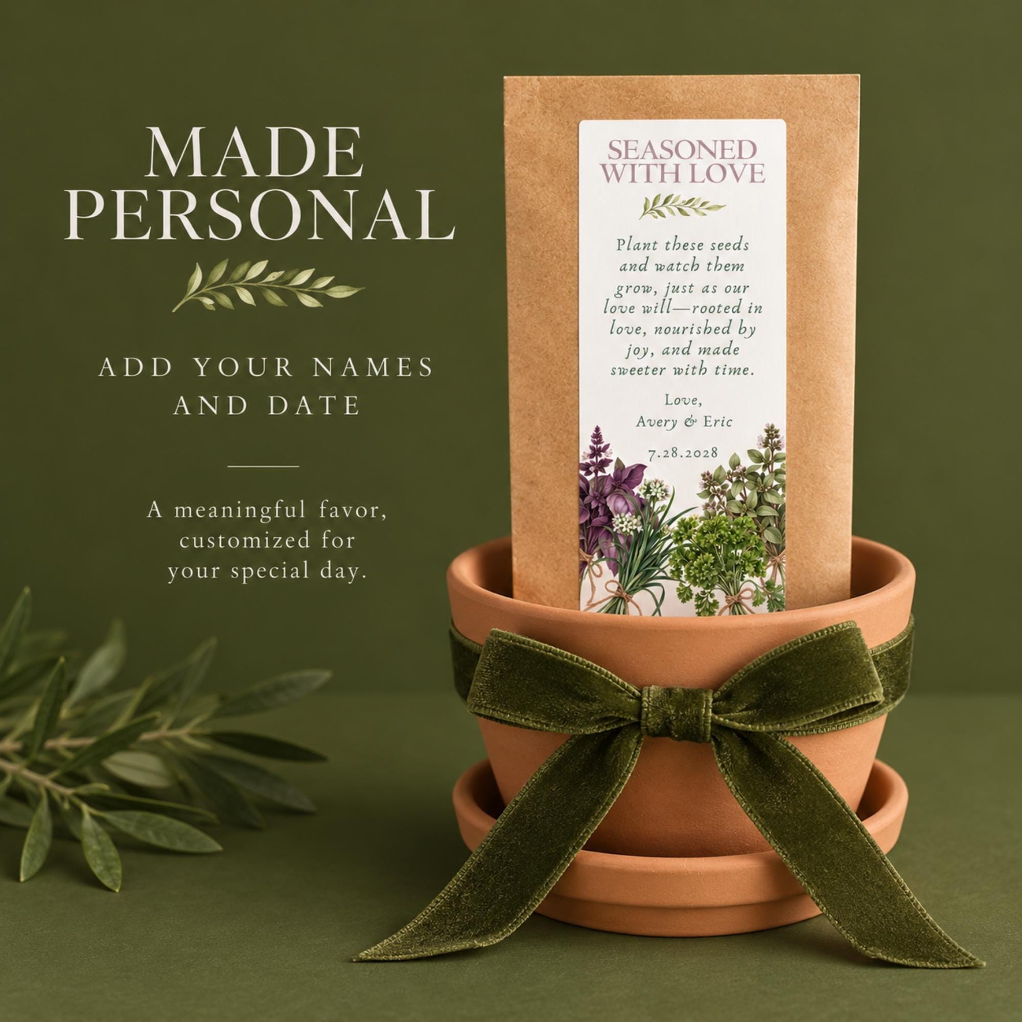 Herb Seed Guest Favors. Terracotta Pots, Seasoned With Love, Botanical Guest Gifts, Personalized, view 5