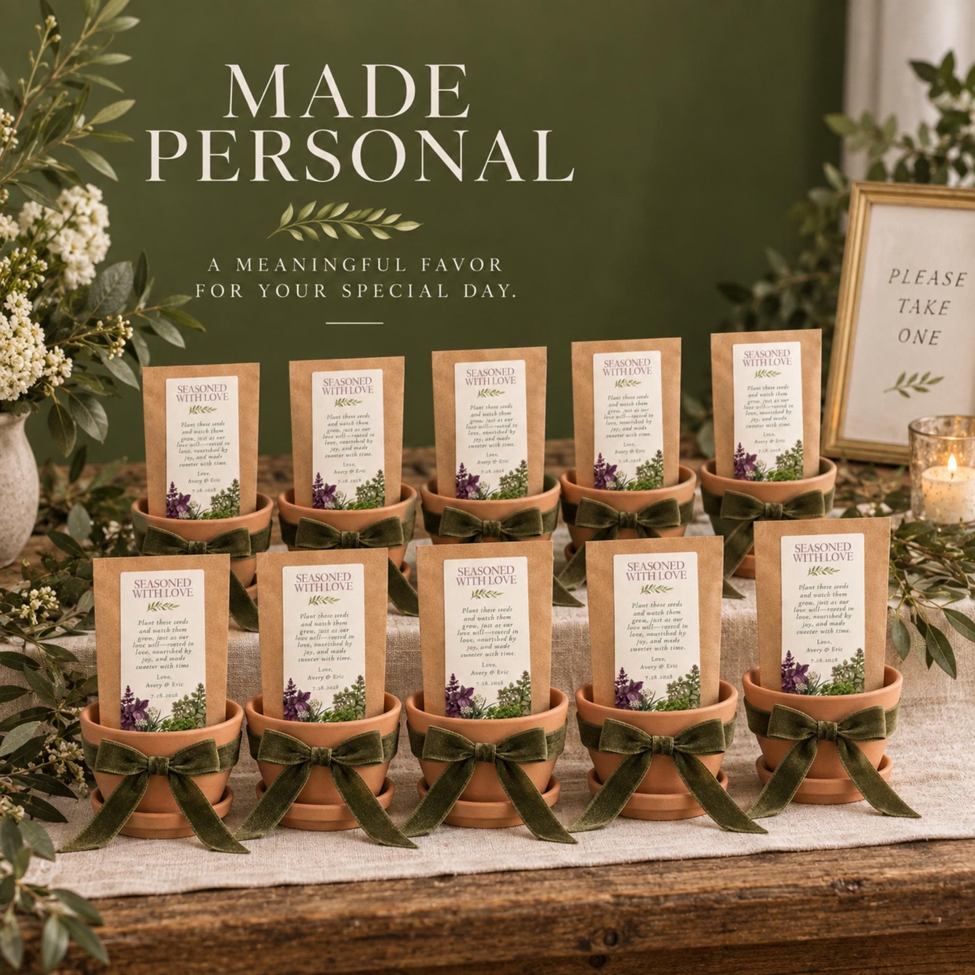 Herb Seed Guest Favors. Terracotta Pots, Seasoned With Love, Botanical Guest Gifts, Personalized, view 6