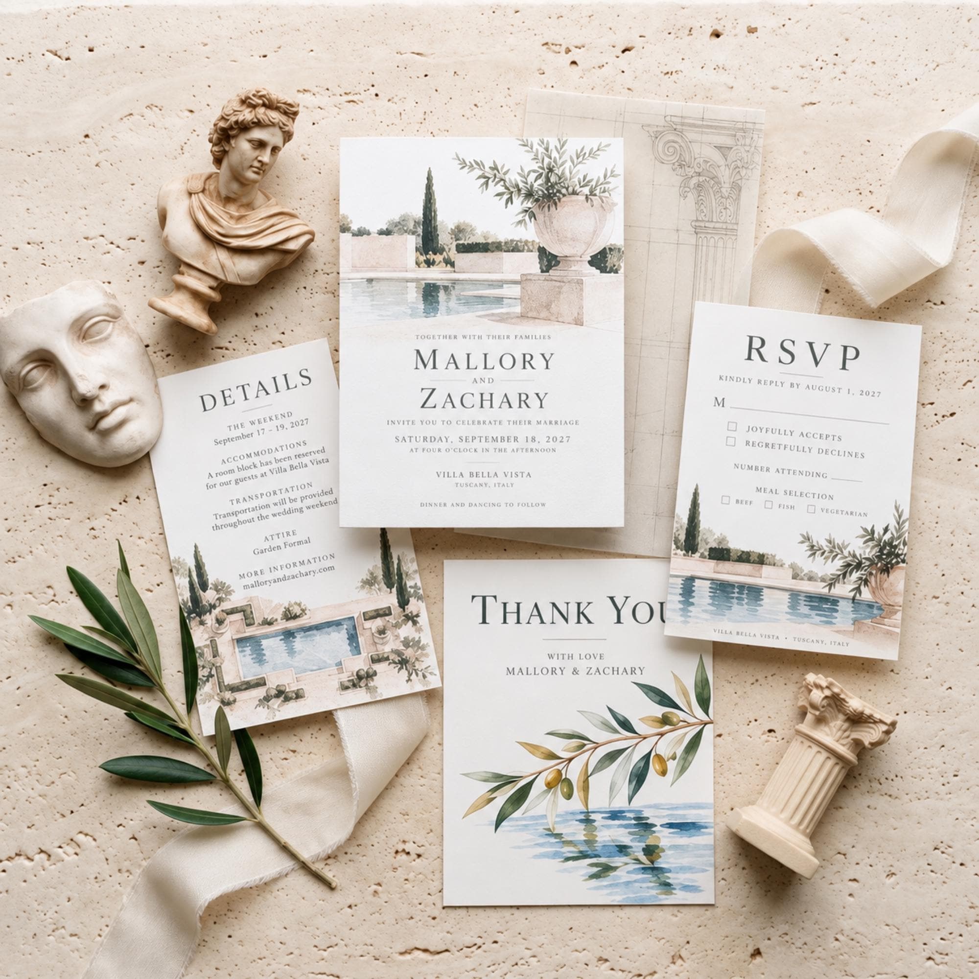 Wedding Invitation Suite, Sculpture Inspired, Event Satationery, Blue Watercolor, Olive Branches, Classical Architecture
