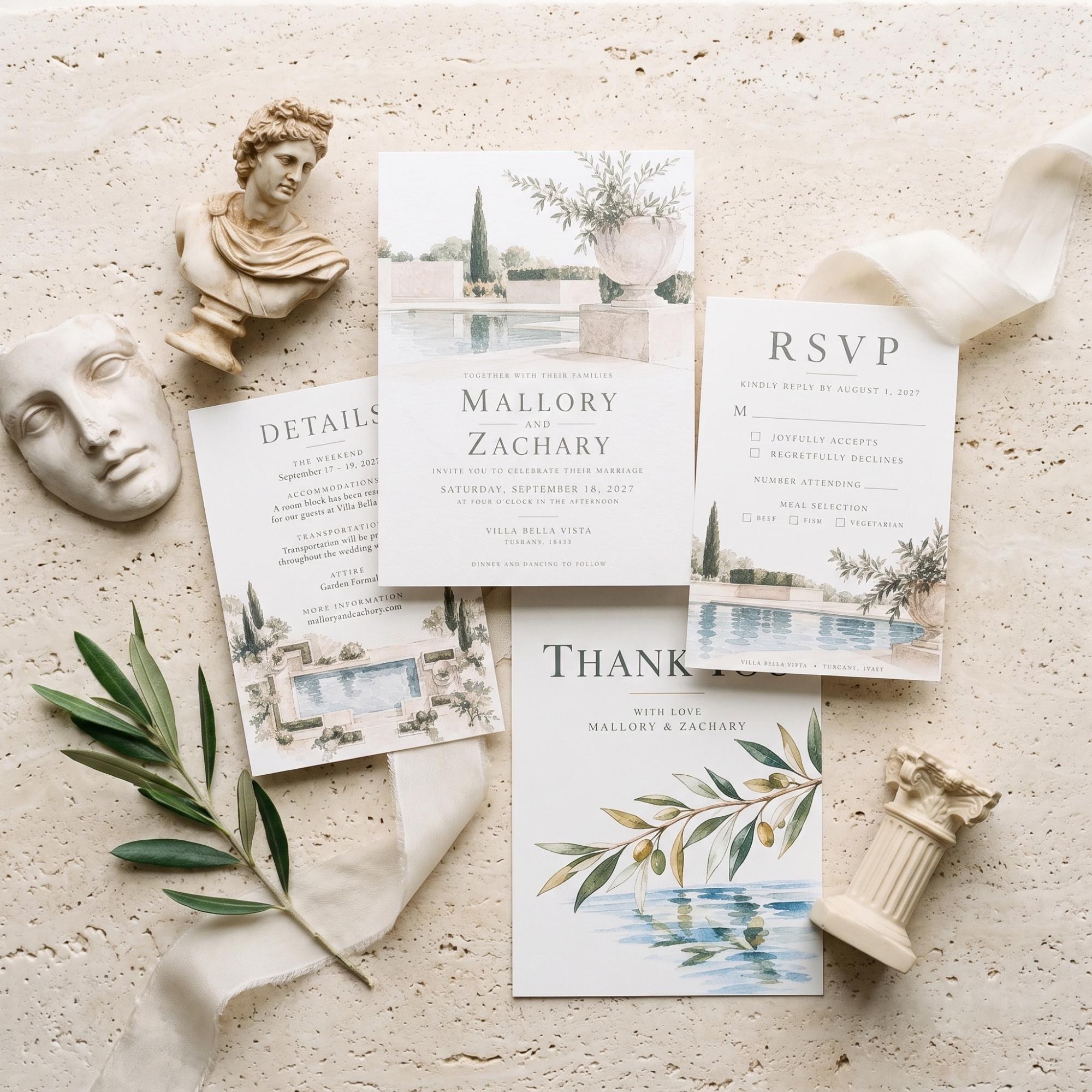 Wedding Invitation Suite, Sculpture Inspired, Event Satationery, Blue Watercolor, Olive Branches, Classical Architecture, view 2