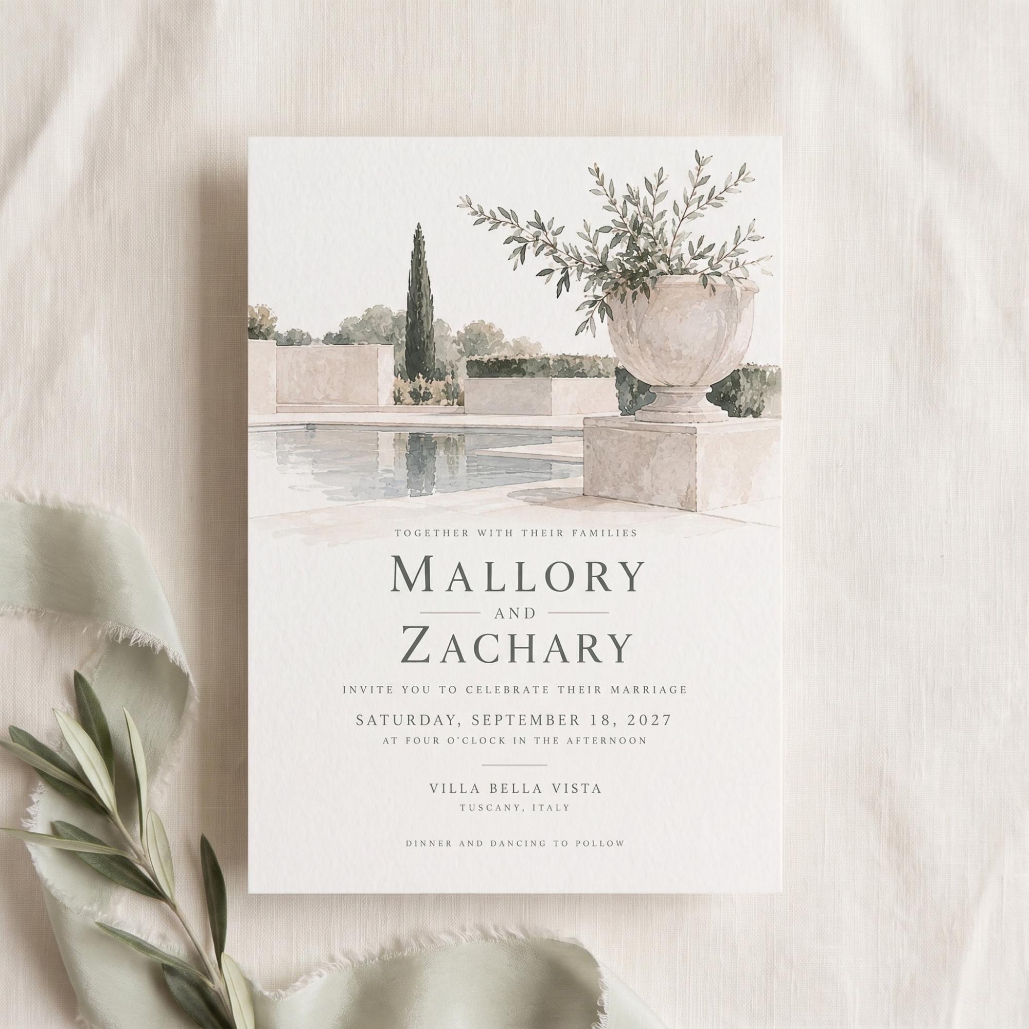 Wedding Invitation Suite, Sculpture Inspired, Event Satationery, Blue Watercolor, Olive Branches, Classical Architecture, view 3